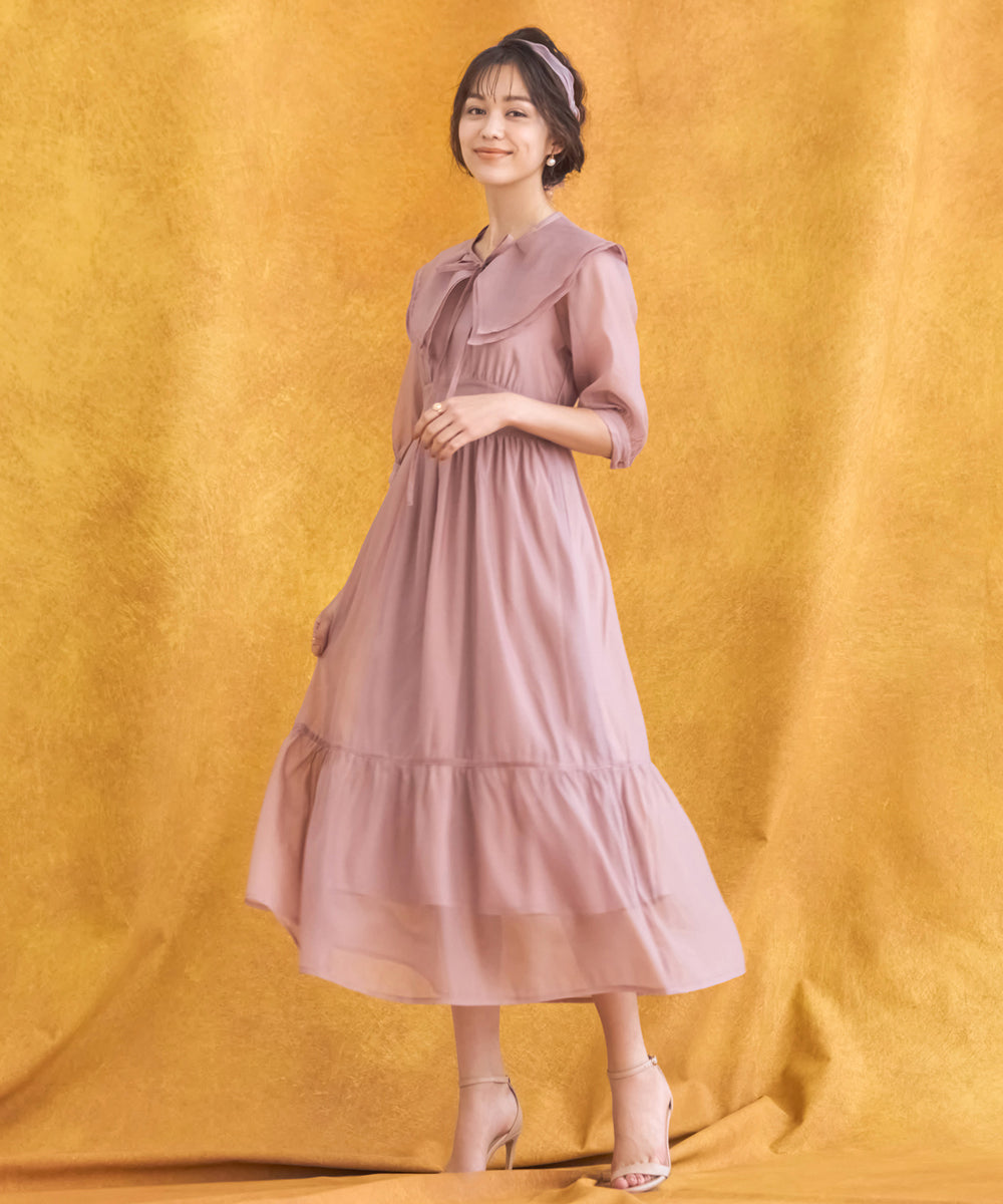 ワンピース シアー素材 ケープ付き ミモレ丈 スモークピンク – [公式