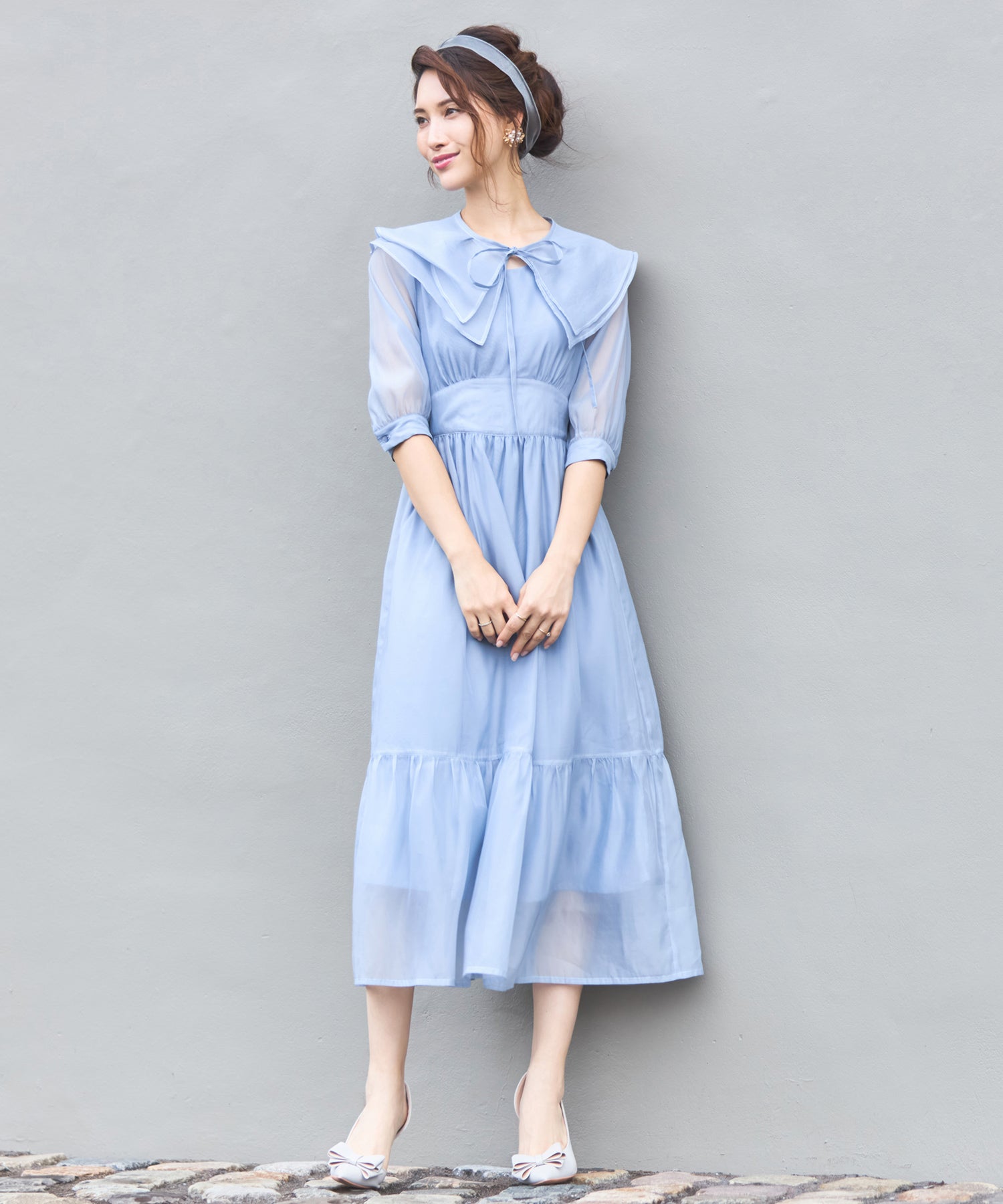 ワンピース シアー素材 ケープ付き ミモレ丈 dsn0090-104-293