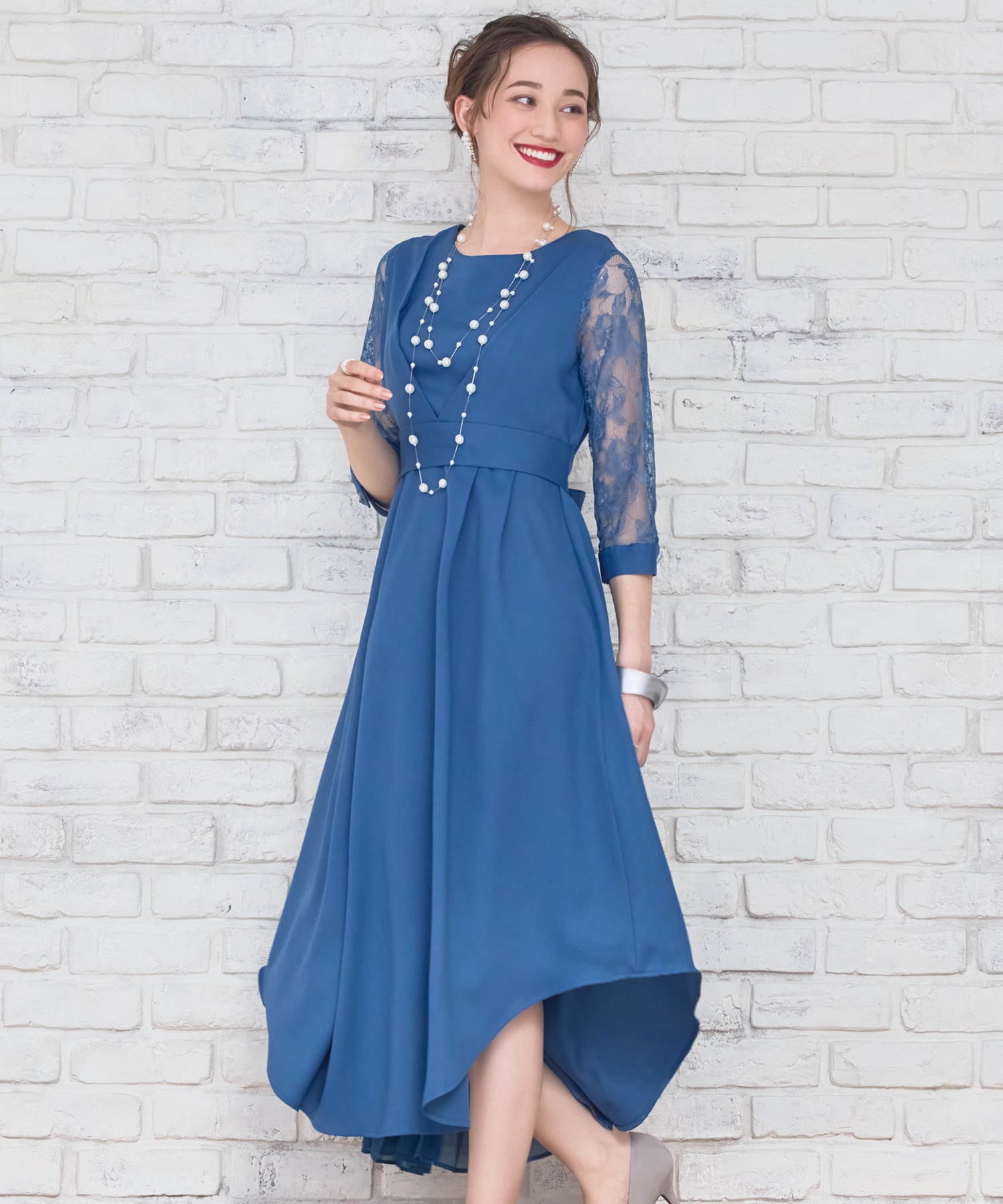 パーティードレス 2way レース 大人可愛い ドッキングワンピース 脚長効果 プリーツ加工 レース袖 dsz0033-105-27