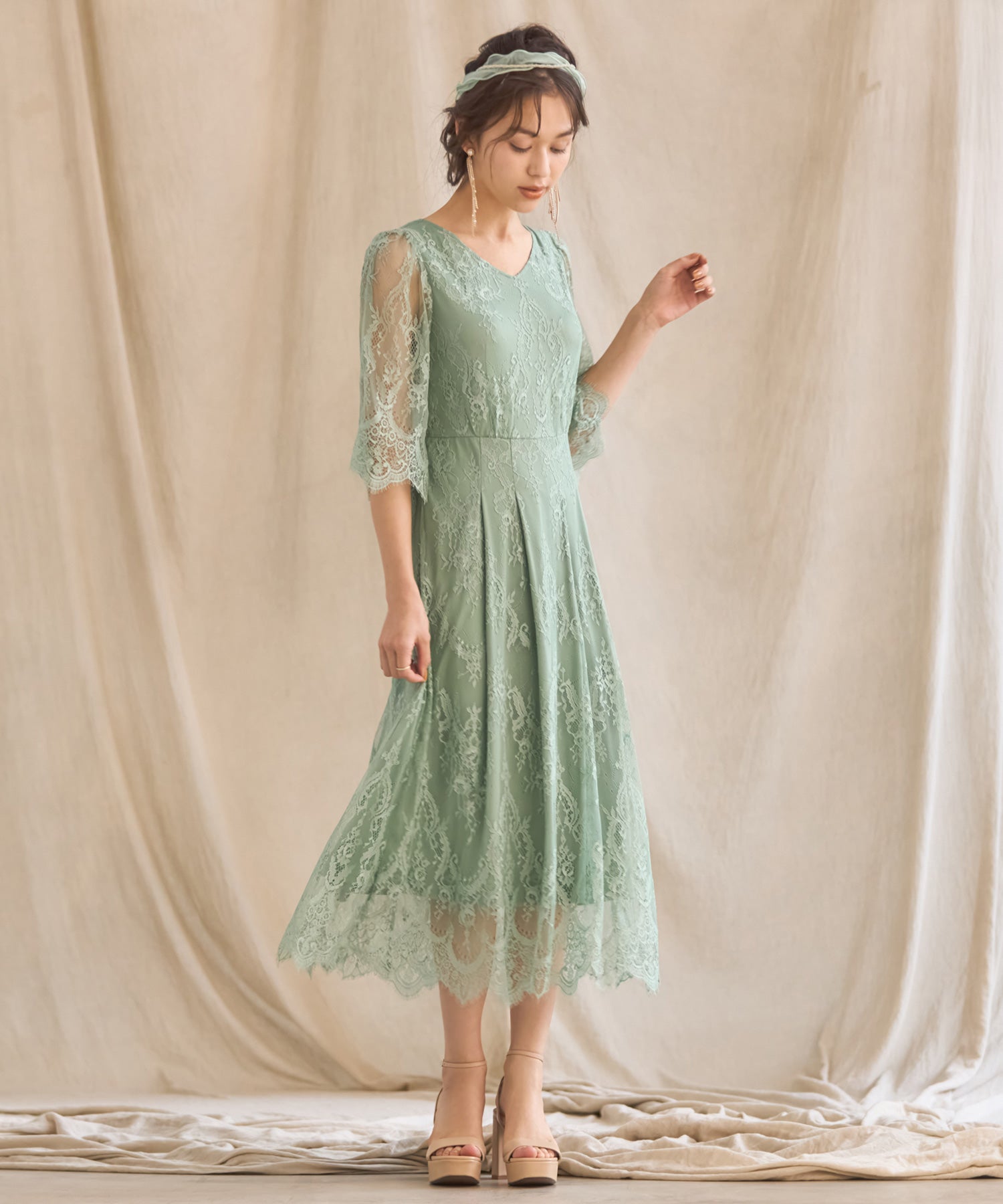 ワンピース ドレス 総レース Aライン ミモレ丈 結婚式 披露宴 パーティードレスdsz0078-105-54