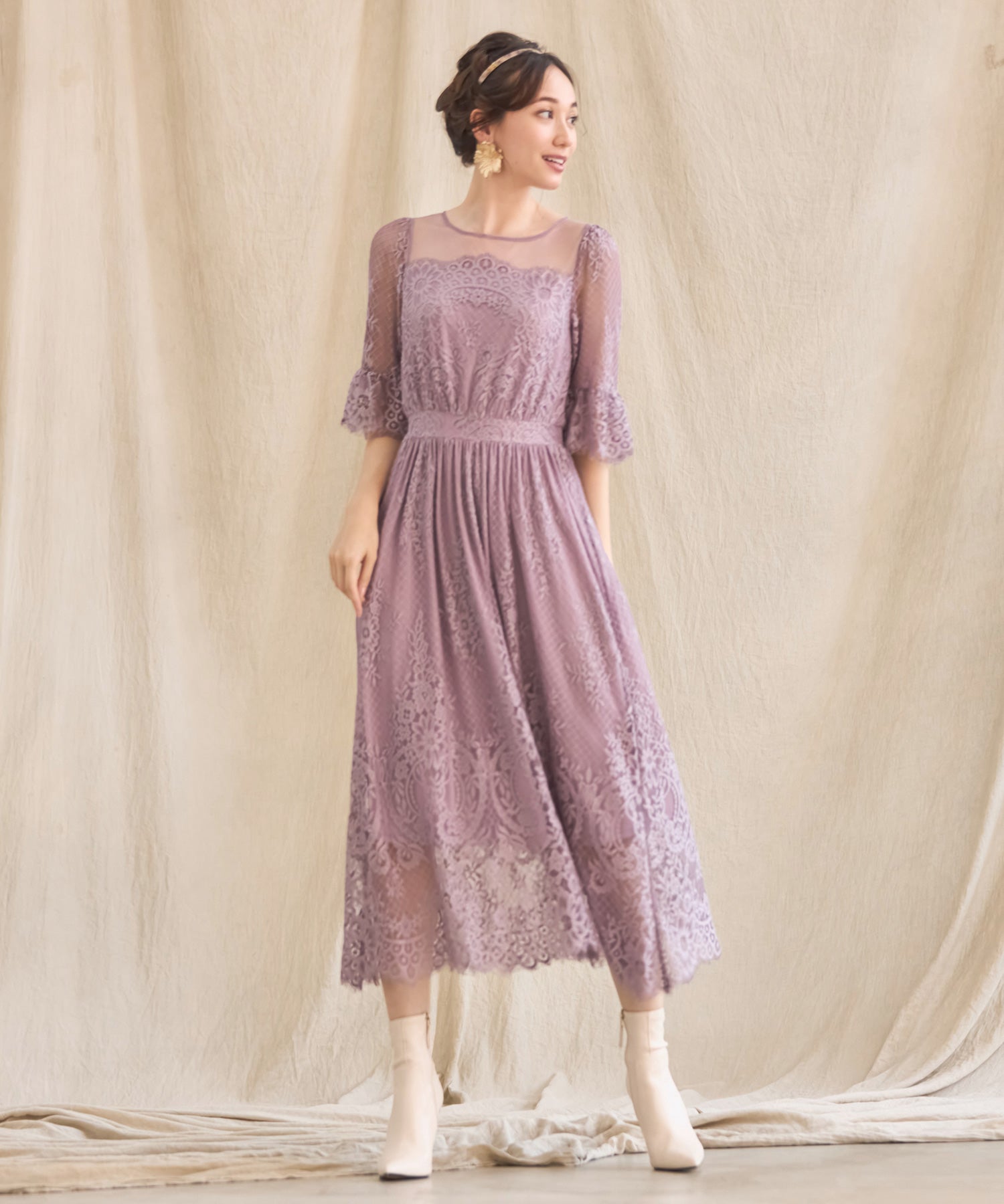 ワンピース ドレス レース チュール フレア Aライン ミモレ丈 パーティードレス 結婚式 dsz0079-105-100