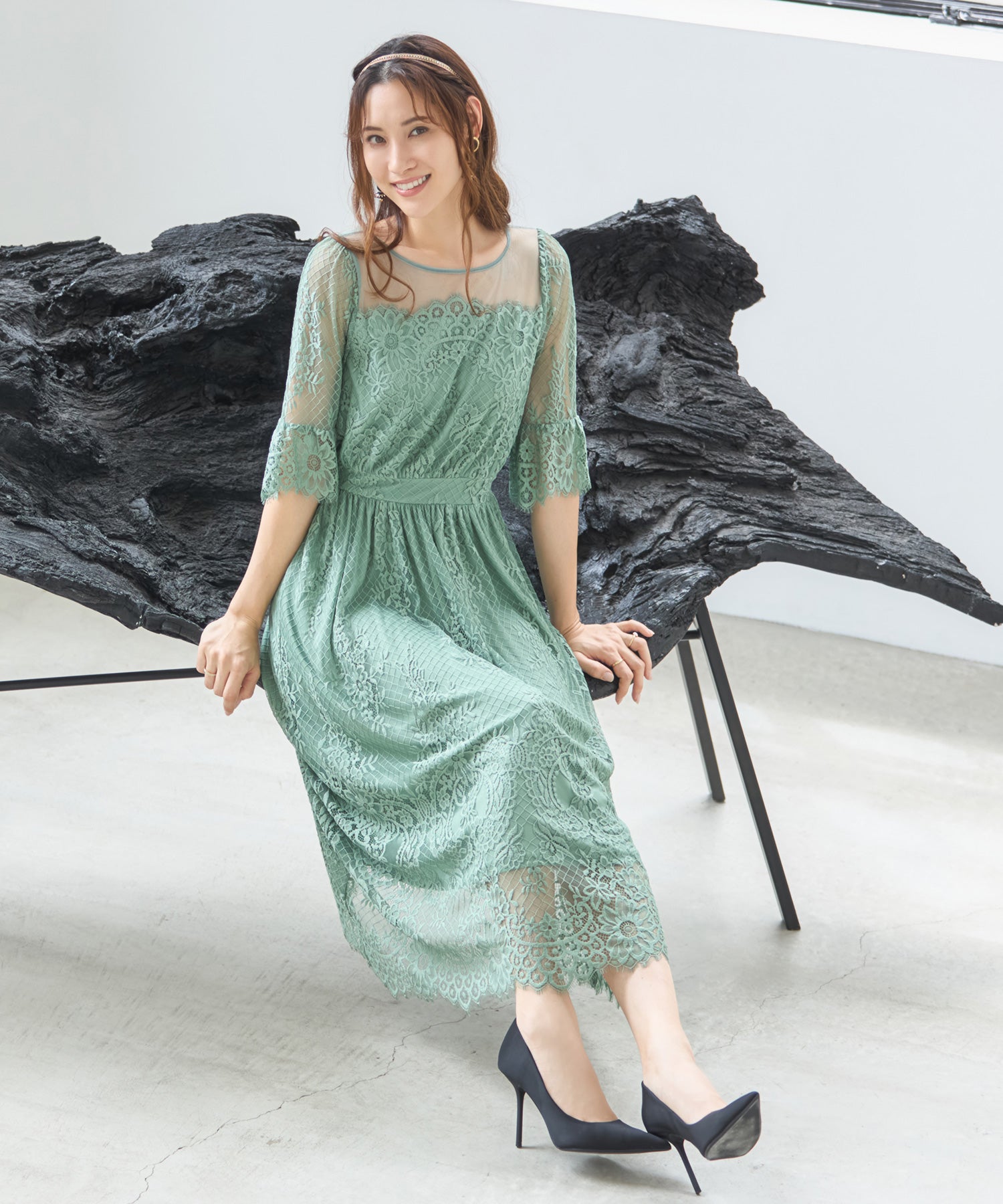 ワンピース ドレス レース チュール フレア Aライン ミモレ丈 パーティードレス 結婚式 dsz0079-105-54