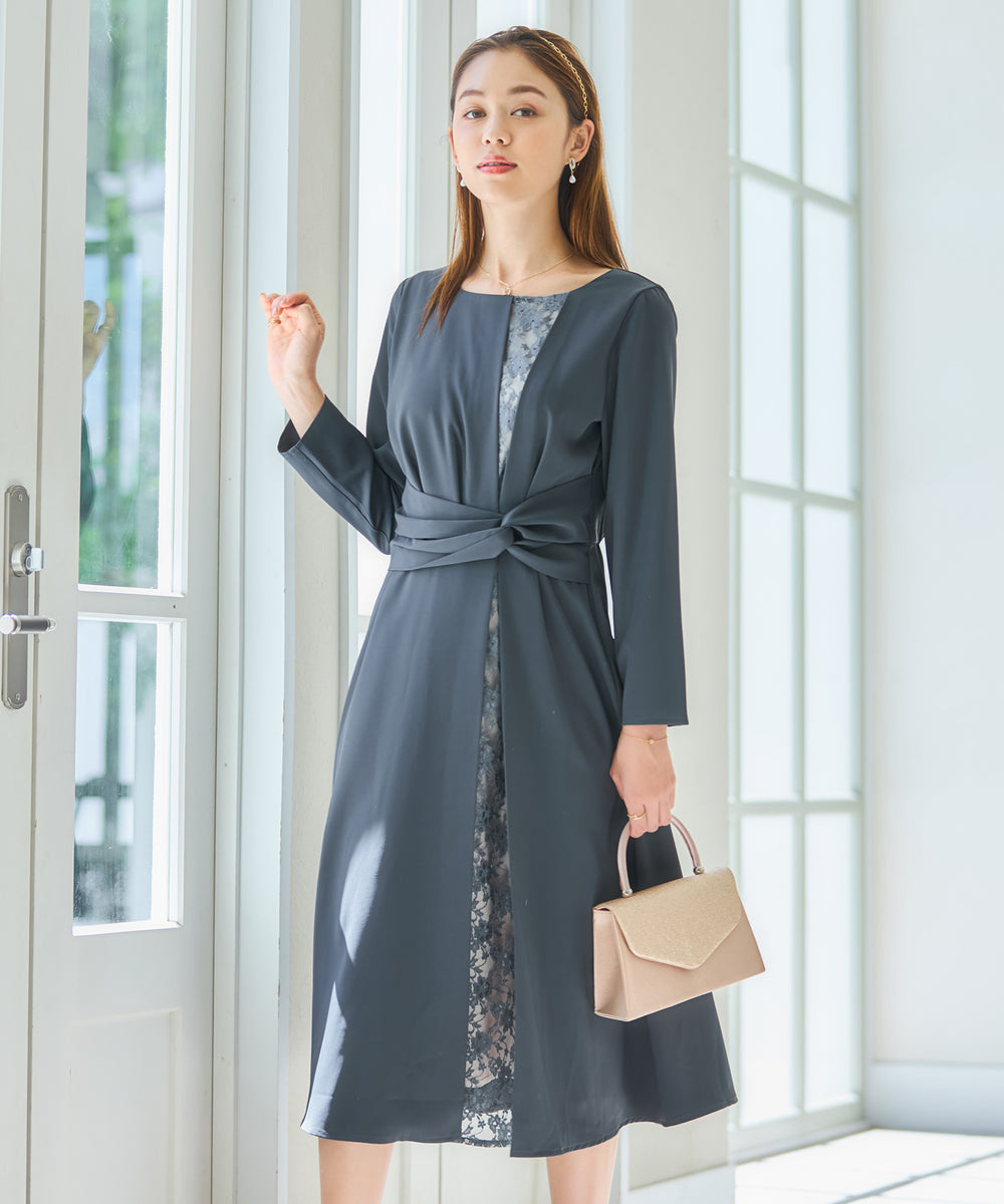 パーティードレス フォーマルワンピ ドレス ブローチ付き 結婚式 S / N05 パーティードレス ワンピース 袖付き 結婚式 フォーマル ネイビー