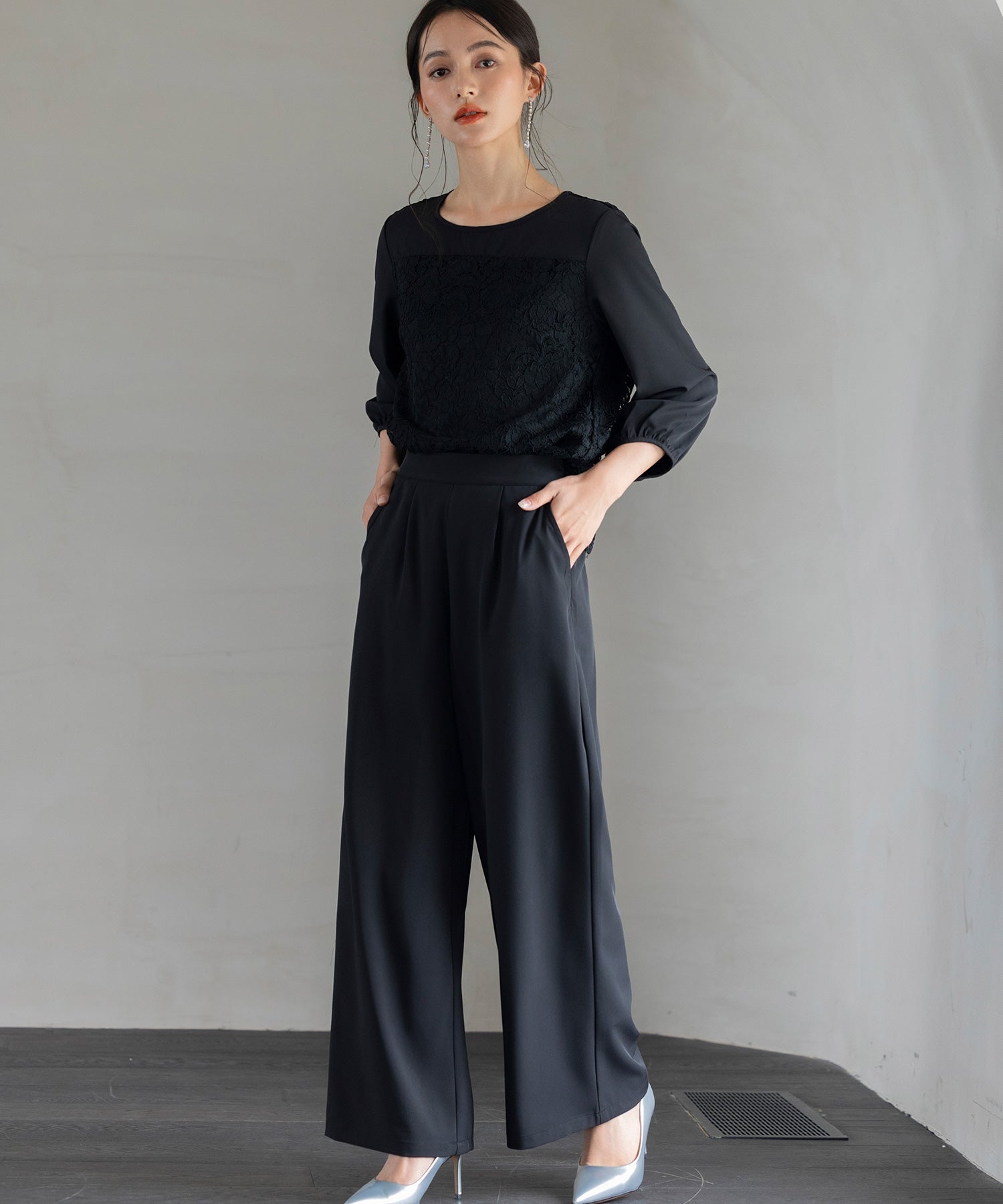 【結婚式・お呼ばれ対応パンツドレス】レース7分袖トップス＆スラックスセットアップcy88131