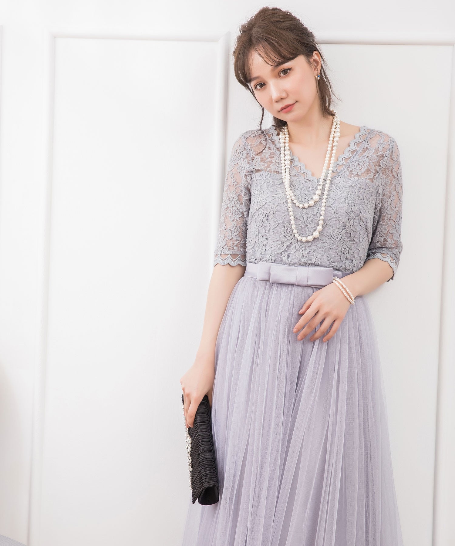 レース×チュールマキシ丈ワンピースcy88136