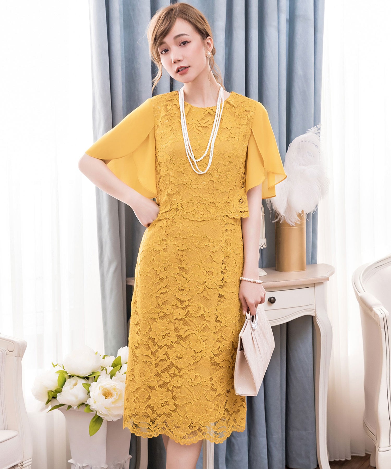 結婚式・お呼ばれ対応セットアップ風デザインフリルスリーブレースパーティドレスcy88190
