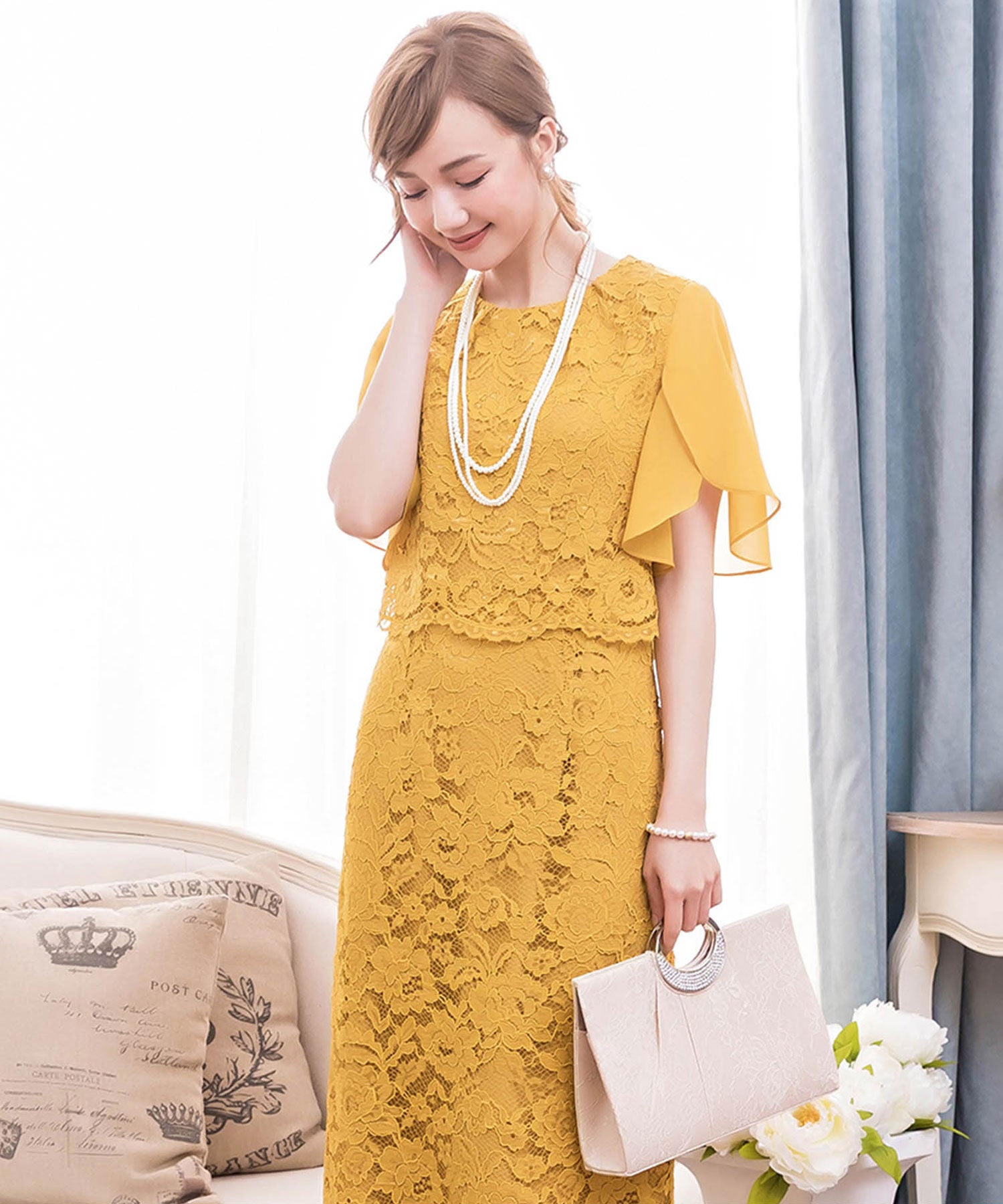 結婚式・お呼ばれ対応セットアップ風デザインフリルスリーブレースパーティドレスcy88190