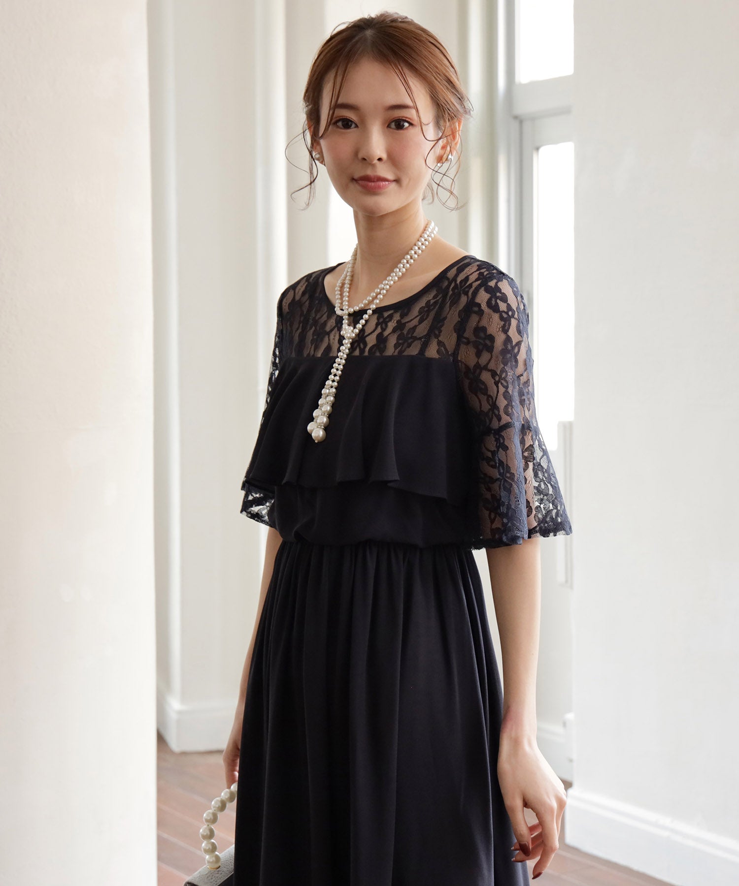 胸元フリルのレースドレス・結婚式ワンピース・お呼ばれパーティードレスcy88202 スミクロ