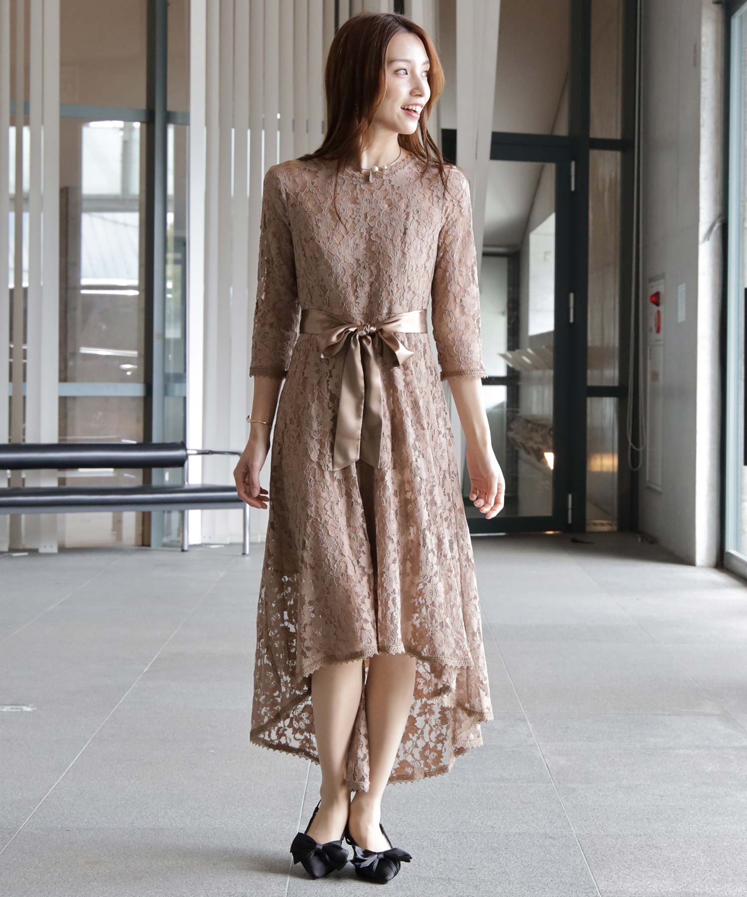 総レースワンピースドレス・結婚式ワンピース・お呼ばれパーティードレスcy88215-s-brown