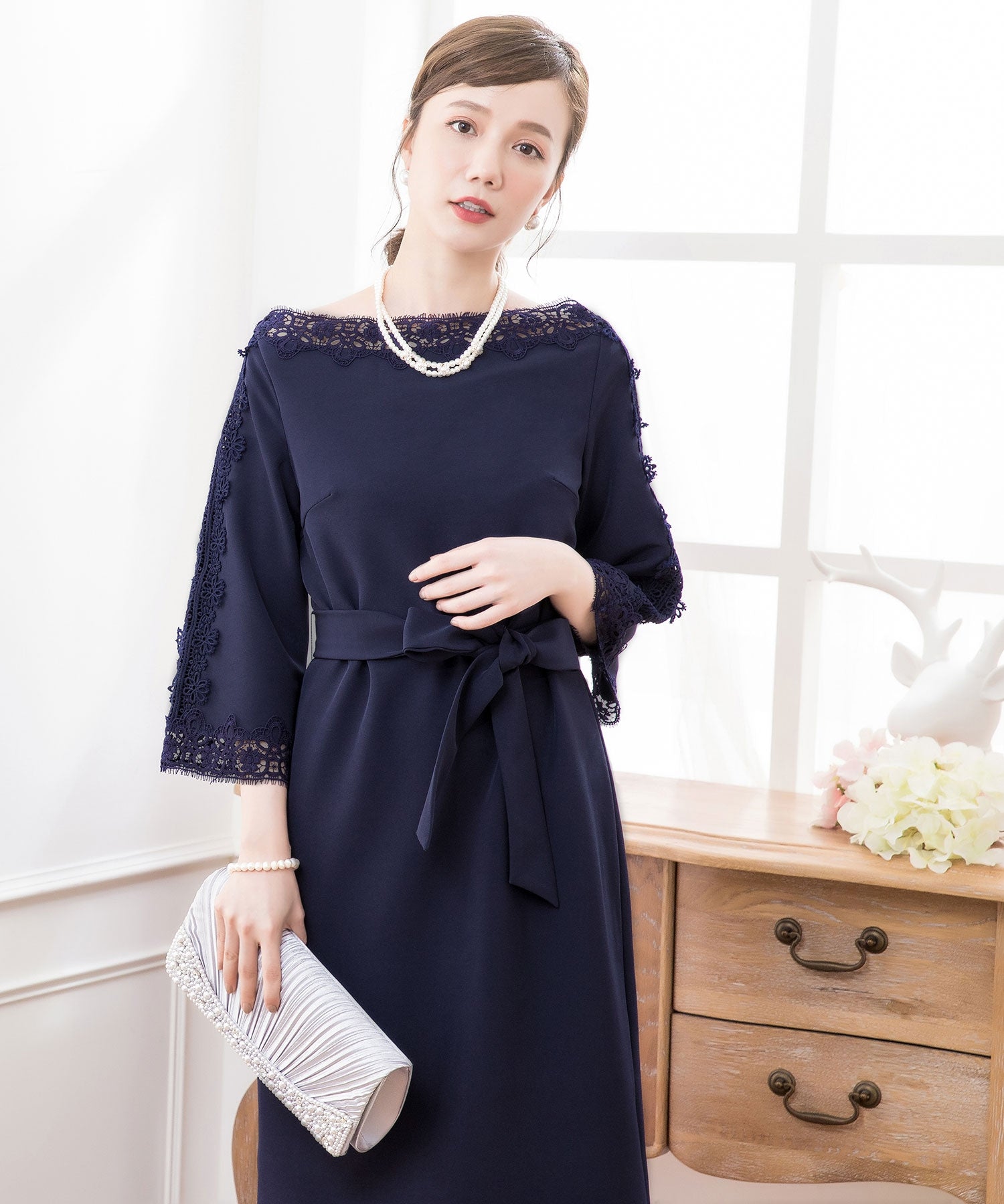 レース7分袖＆デコルテ刺繍ワンピースドレス・結婚式ワンピース・お呼ばれパーティードレスcy88221
