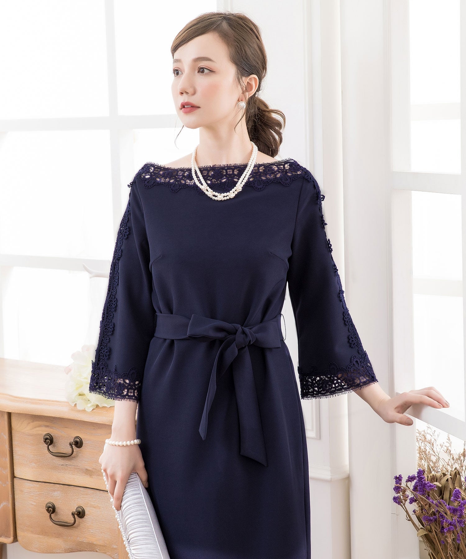 レース7分袖＆デコルテ刺繍ワンピースドレス・結婚式ワンピース・お呼ばれパーティードレスcy88221