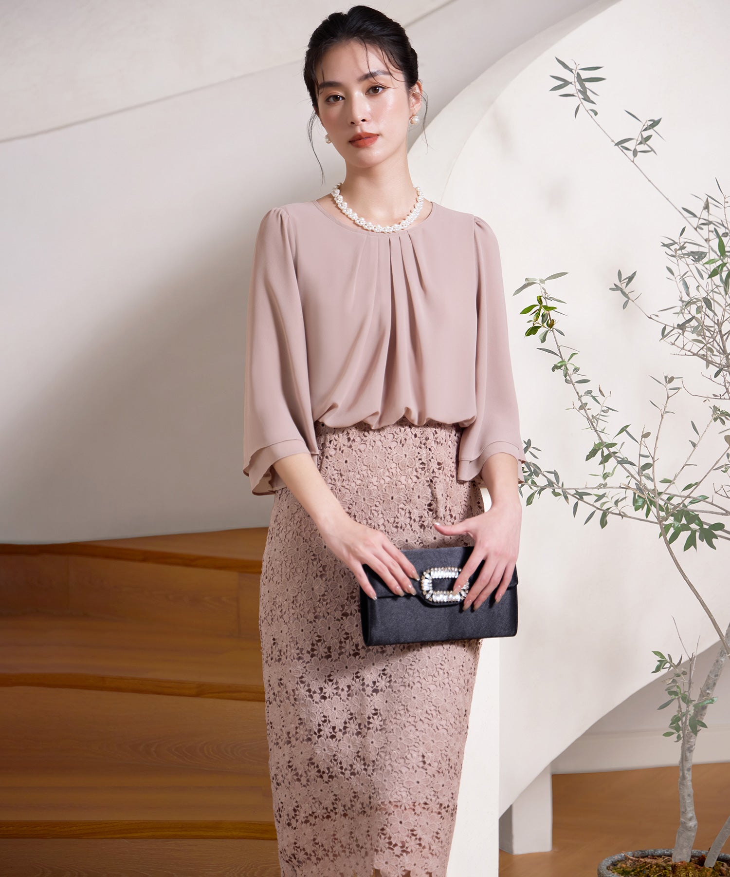 ワンピース ドレス パーティー オフィス 結婚式 シフォン レース パーティードレスcy88538 ピンクベージュ