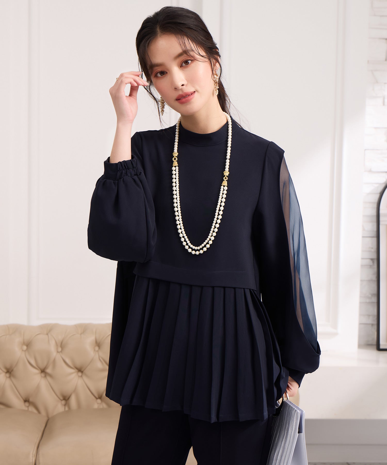 プリーツ切り替え セットアップ パンツドレスcy88633 ネイビー