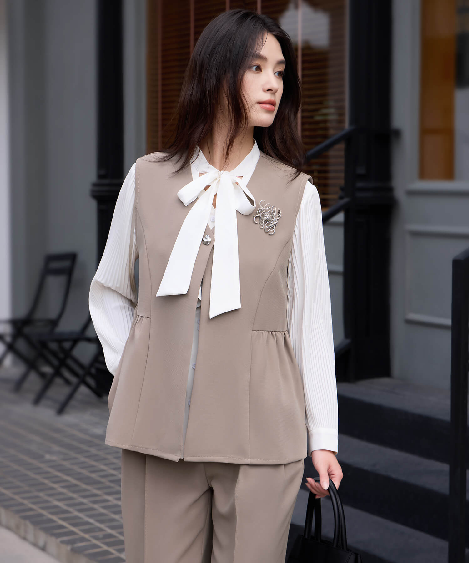 万能ペプラムパンツセットアップcy88639 ブラウン