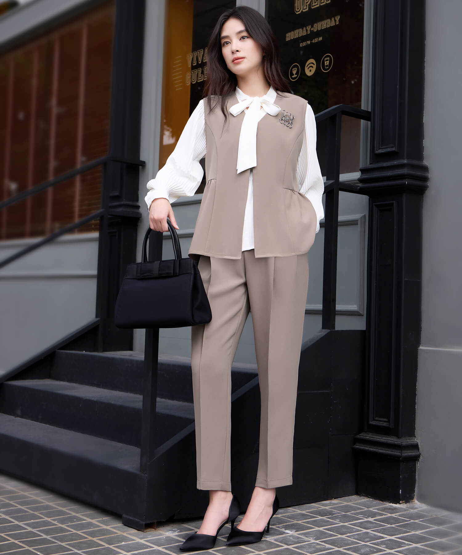 万能ペプラムパンツセットアップcy88639 ブラウン