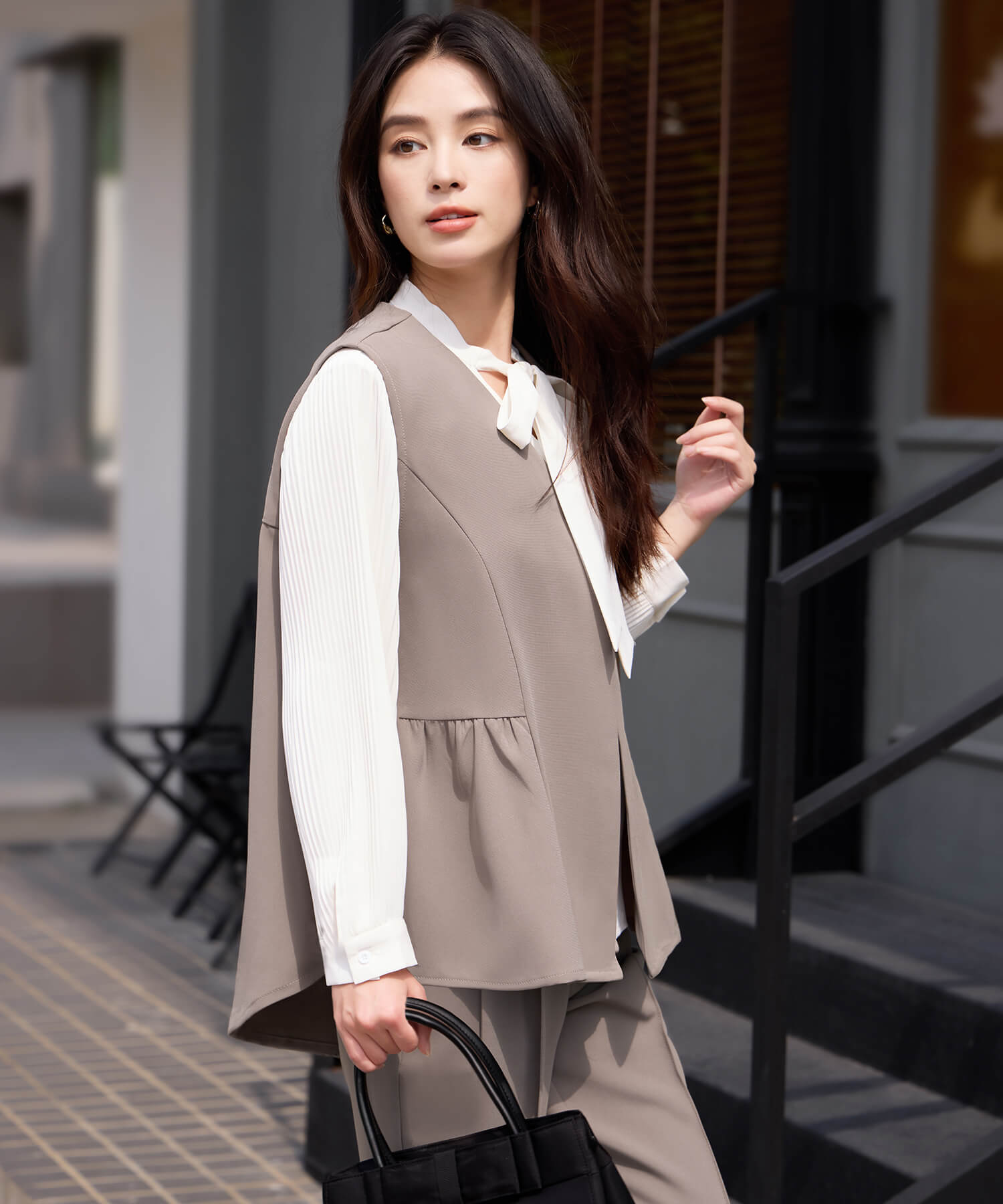 万能ペプラムパンツセットアップcy88639 ブラウン