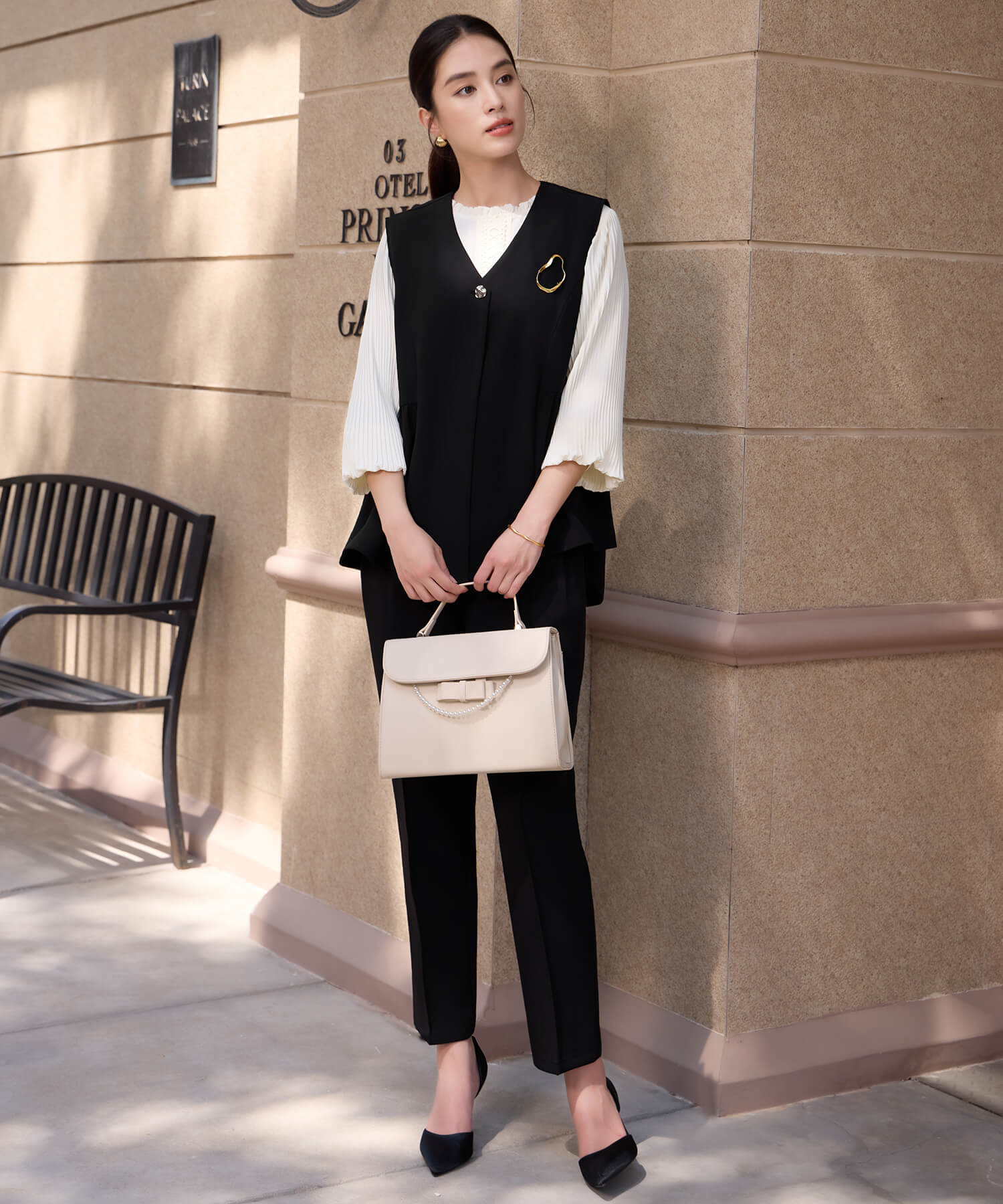 万能ペプラムパンツセットアップcy88639 ブラック