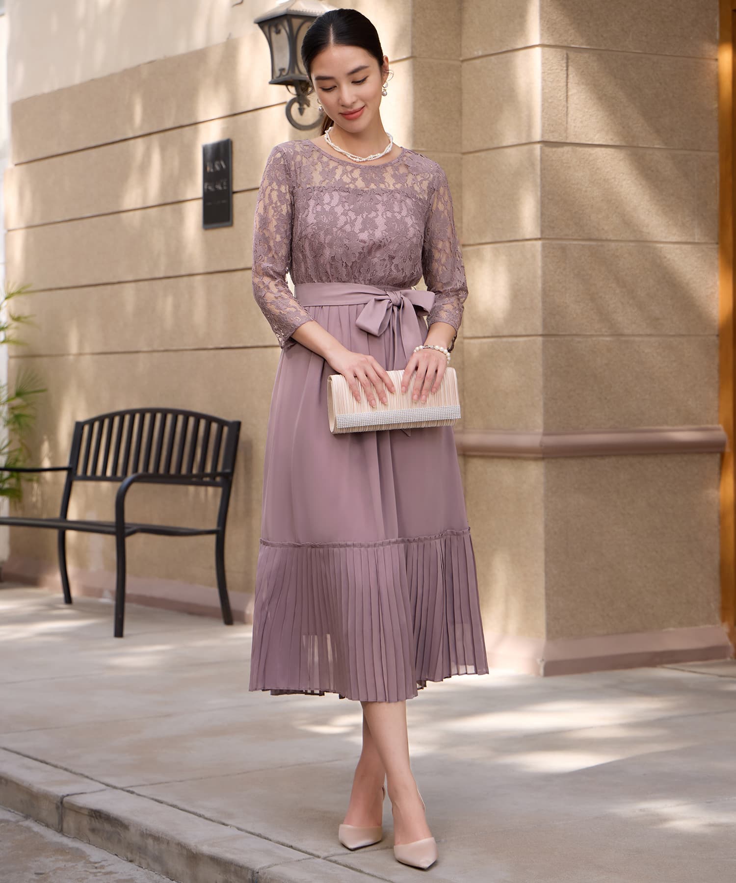 レース×プリーツのパーティーワンピースcy88665 ラベンダー – [公式