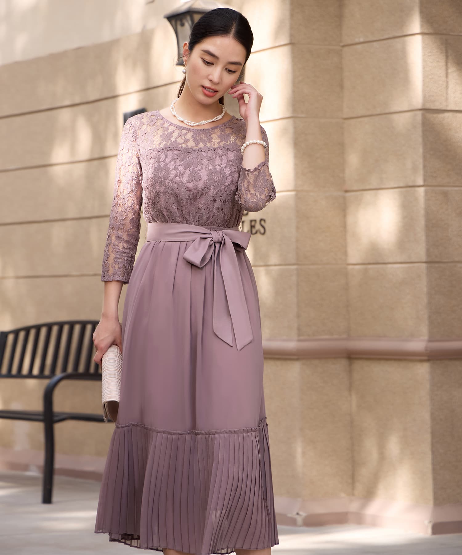 レース×プリーツのパーティーワンピースcy88665 ラベンダー – [公式