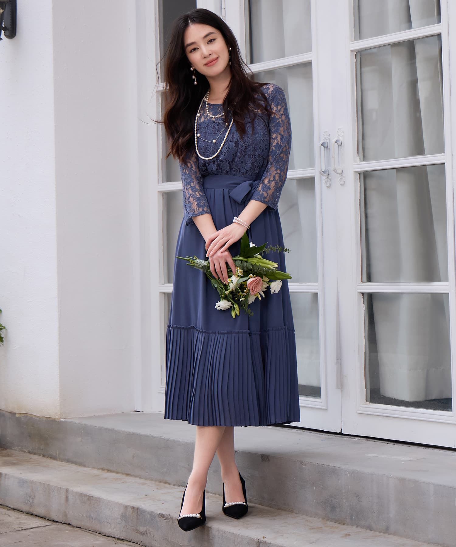 レース×プリーツのパーティーワンピースcy88665 コバルトブルー