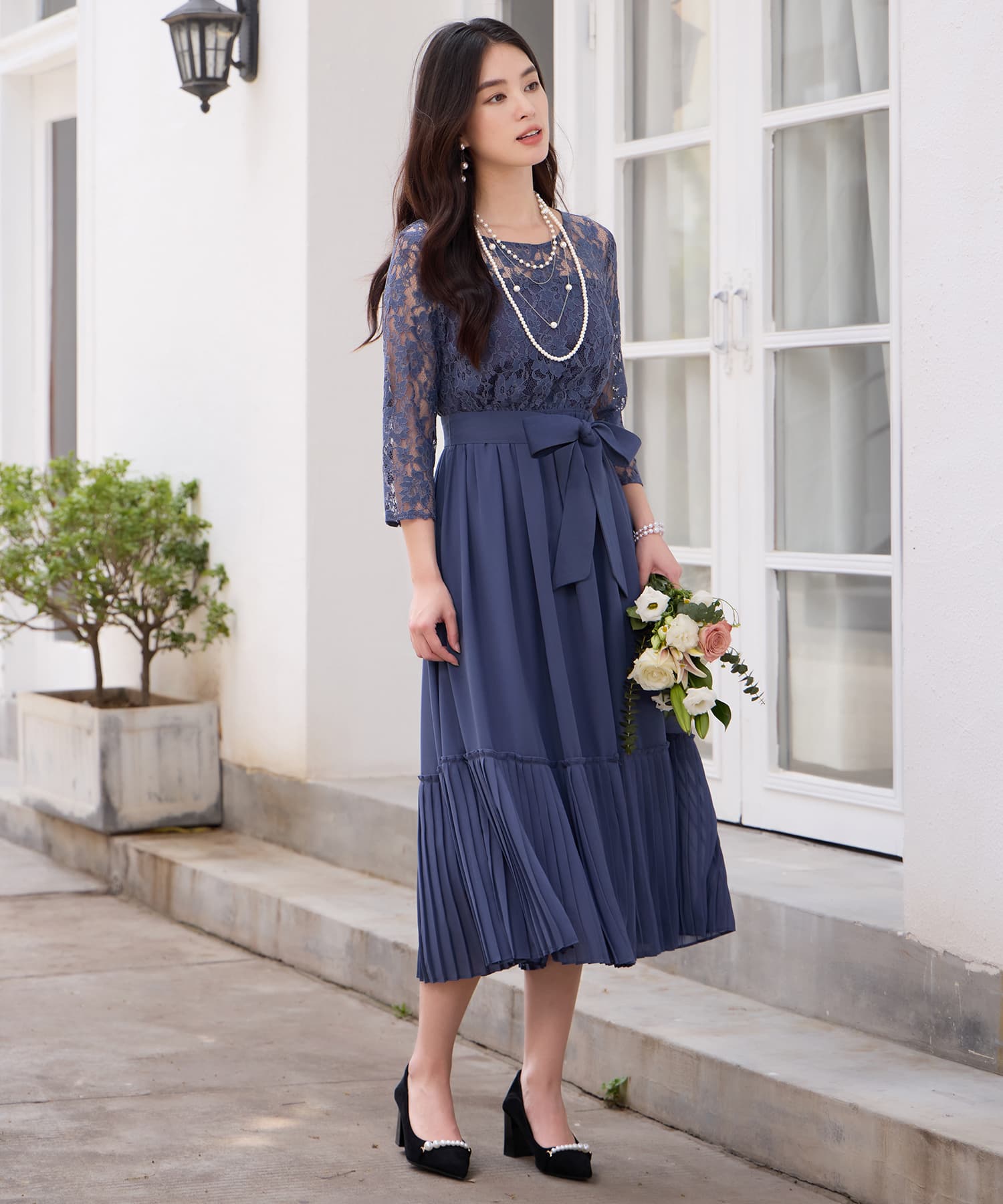 レース×プリーツのパーティーワンピースcy88665 コバルトブルー