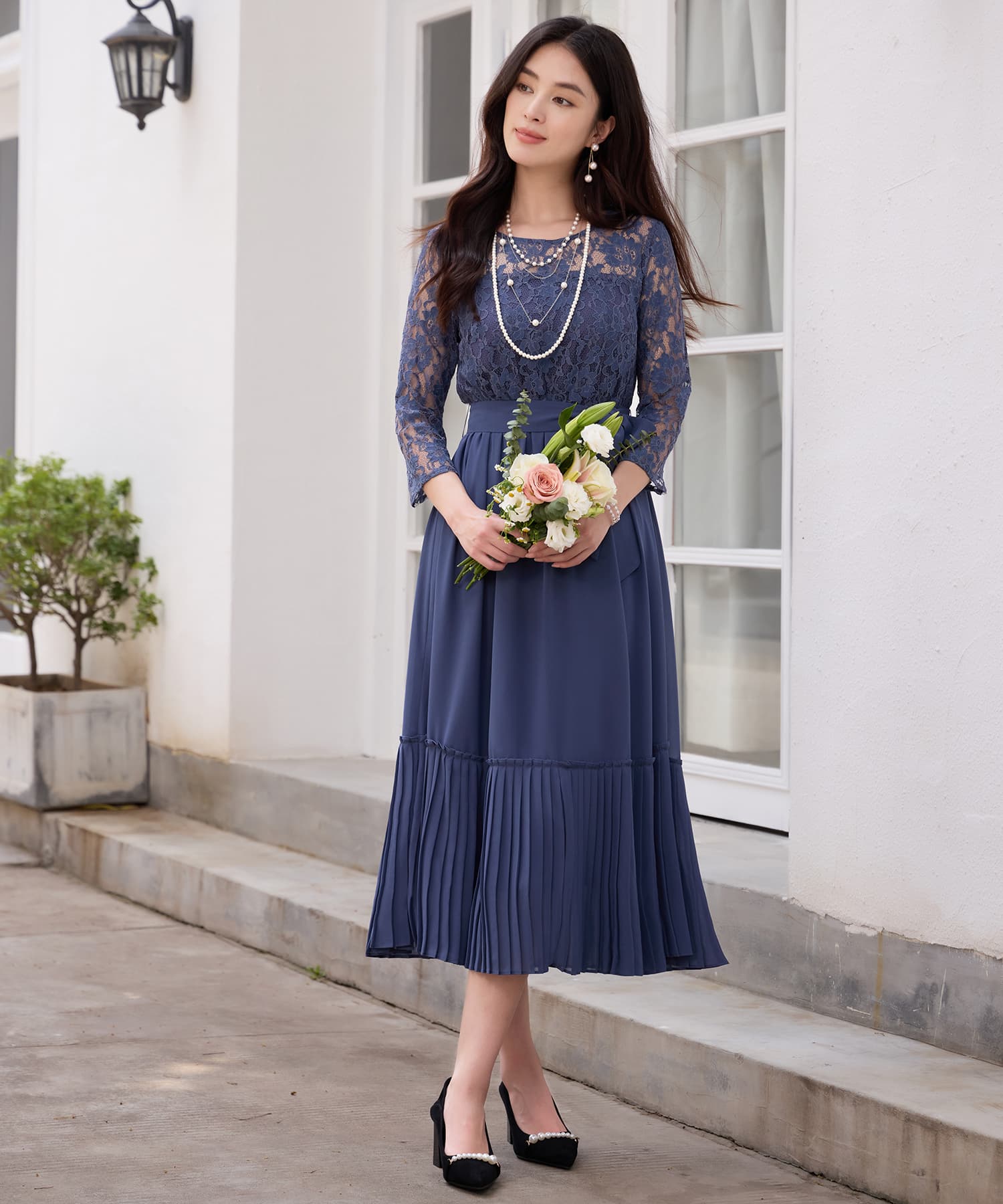 レース×プリーツのパーティーワンピースcy88665 コバルトブルー