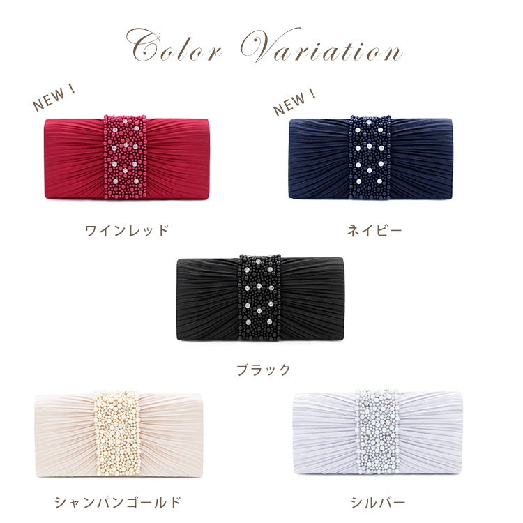 【結婚式・お呼ばれに使えるパーティーバッグ】パールビジューラディアルサテンプリーツクラッチバッグcyb5509