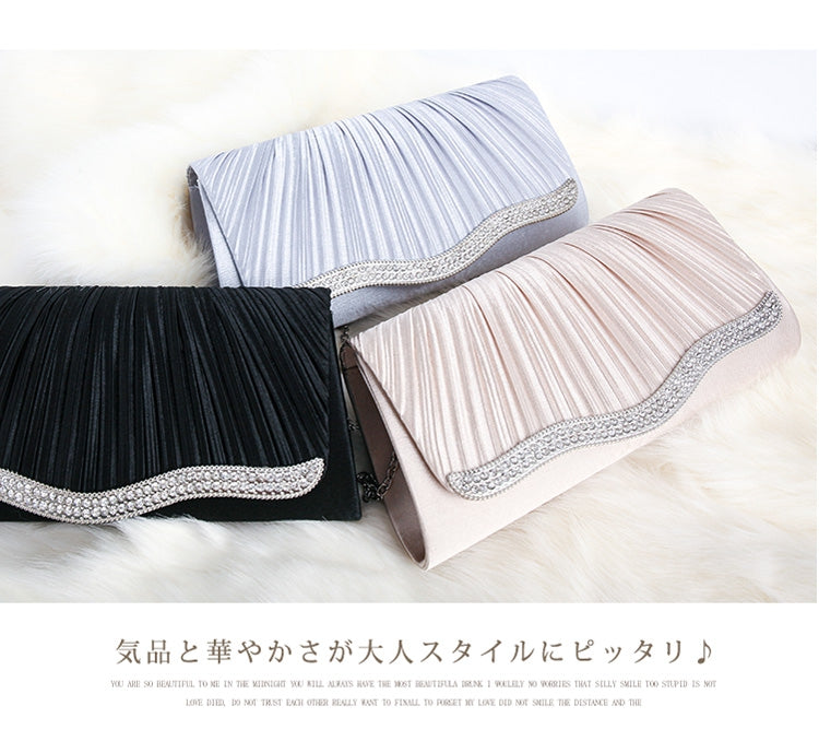 【結婚式・お呼ばれに使えるパーティーバッグ】ビジューラディアルサテンプリーツクラッチバッグcyb5511