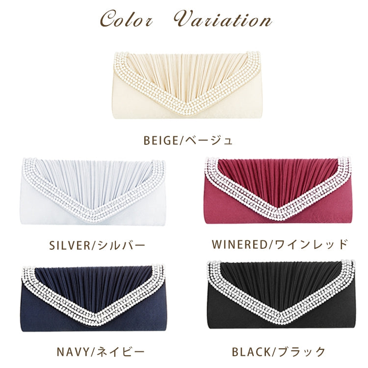 【結婚式・お呼ばれに使えるパーティーバッグ】プリーツラインパール＆ストーンパーティークラッチバッグcyb5536