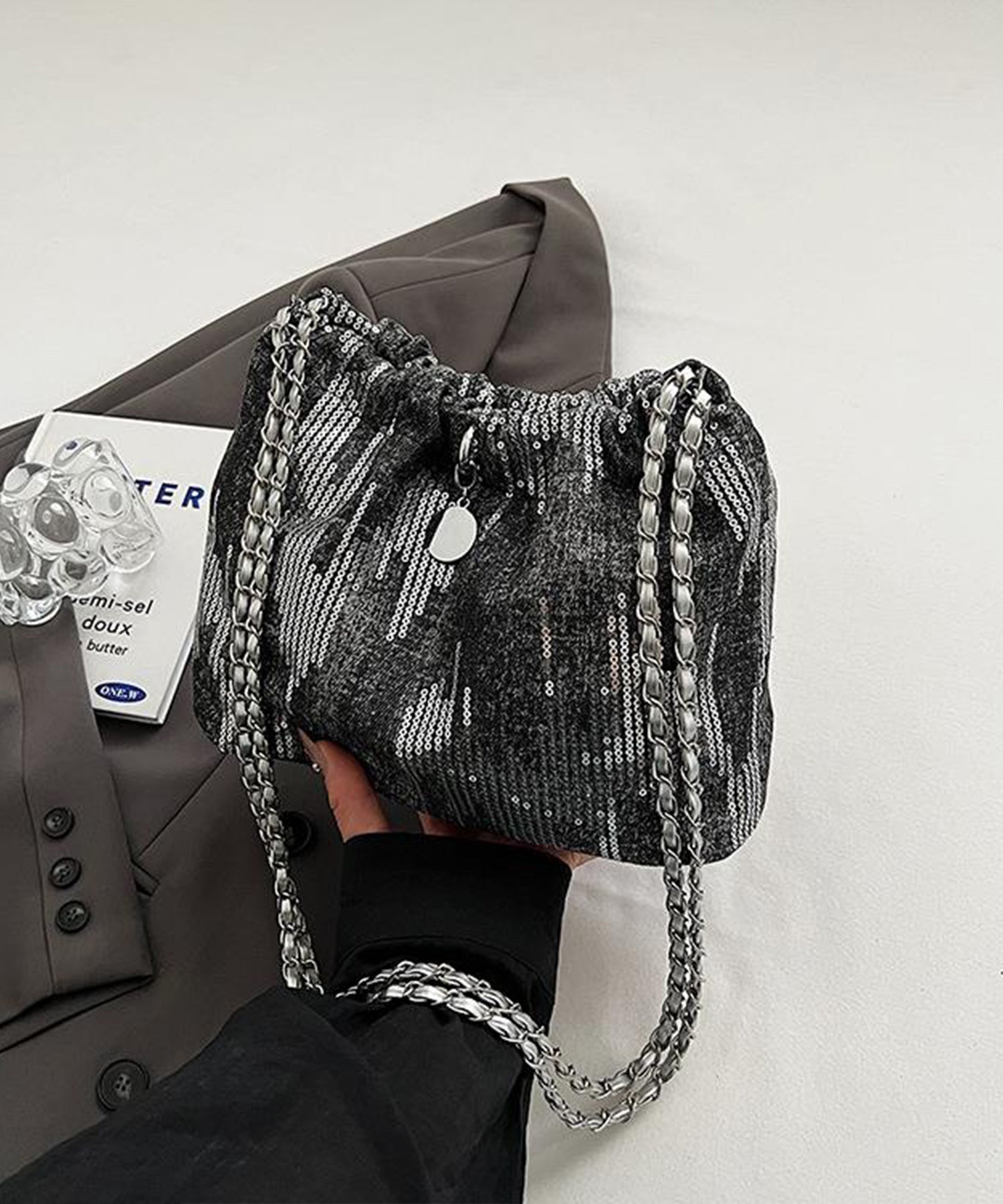 きらめくデニム素材のショルダーバッグdsb0021 ブラック