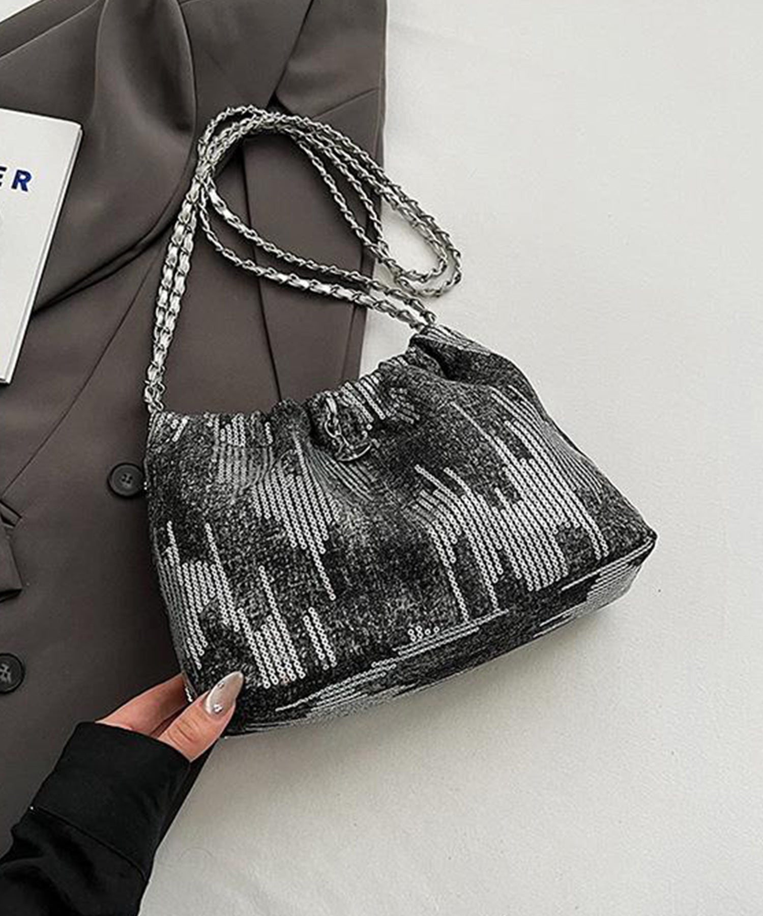 きらめくデニム素材のショルダーバッグdsb0021 ブラック