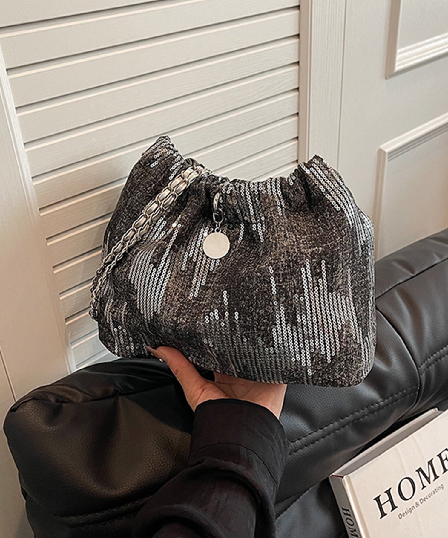 きらめくデニム素材のショルダーバッグdsb0021 ブラック