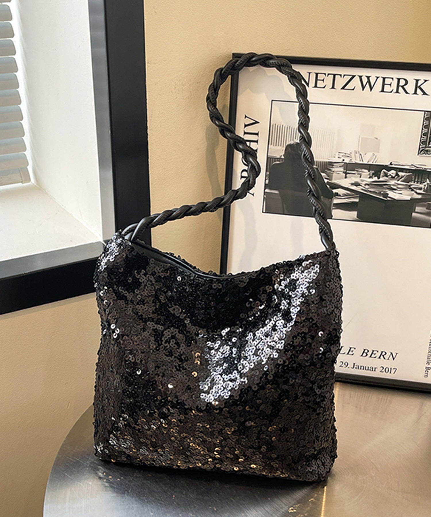 スパンコールショルダーバッグ 大容量dsb0022 ブラック