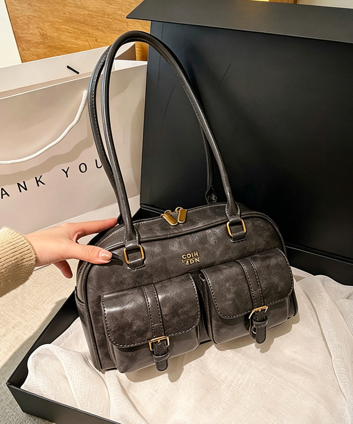 PUレザー ハンドバッグdsb0027 ヘザーチャコール