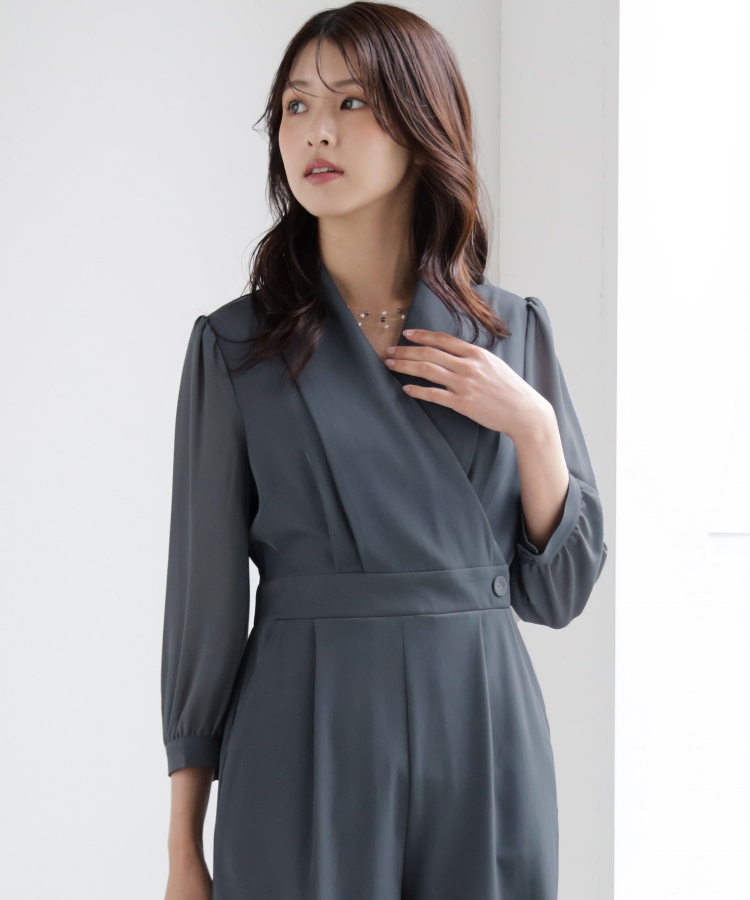 ジャンプスーツ パンツドレス シフォン S M L XL パーティー 結婚式dsj0049 ブルーグレー
