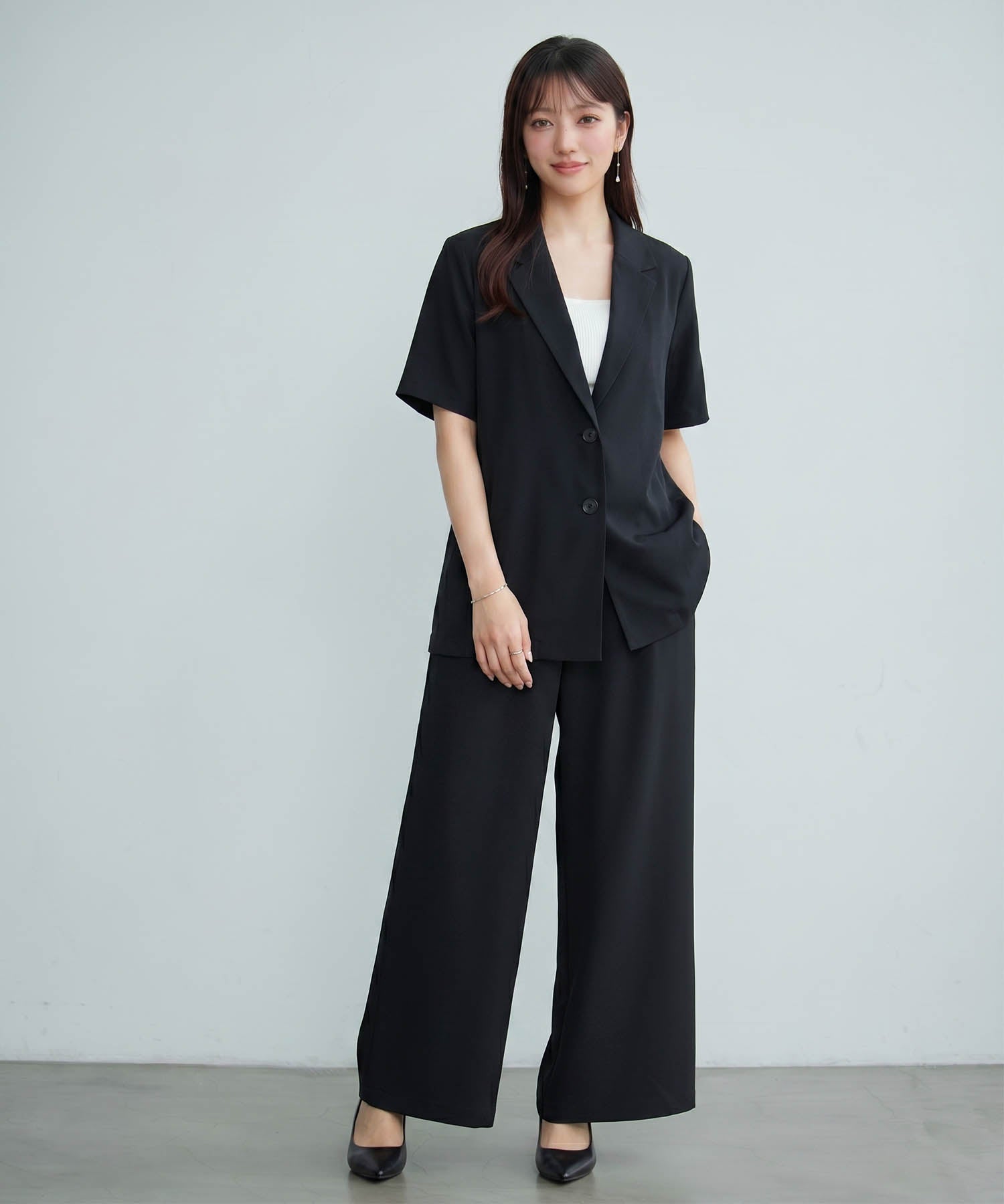 襟付きジャケット ワイドパンツ セットアップdsrb1284 ブラック