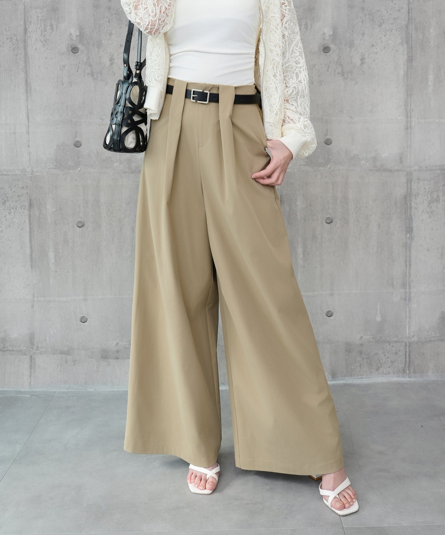 ワイドパンツ ハイウエスト ボトムス dsrb2897 ベージュ