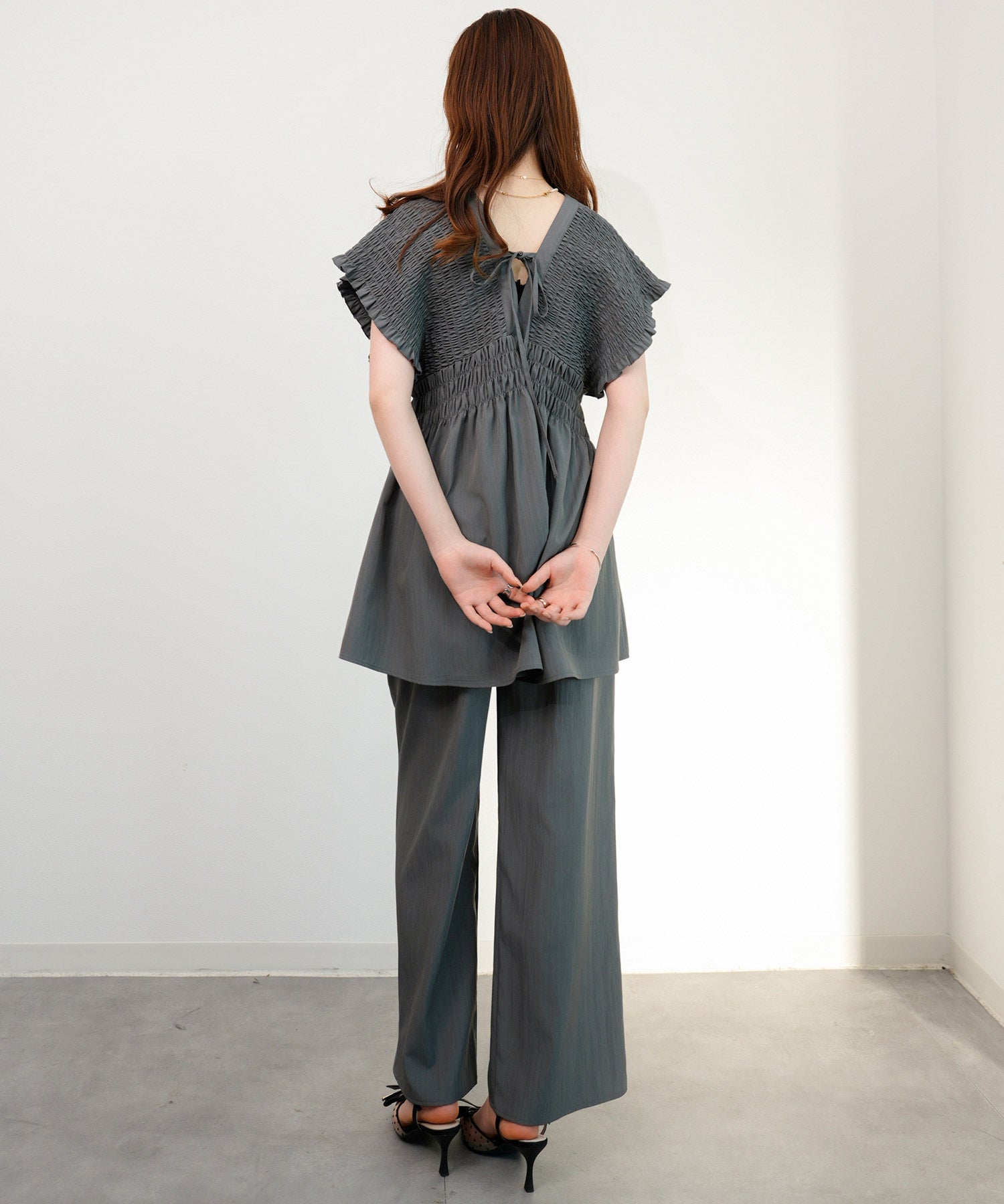 楊柳素材が涼しげなセットアップdsrb4517 グレー