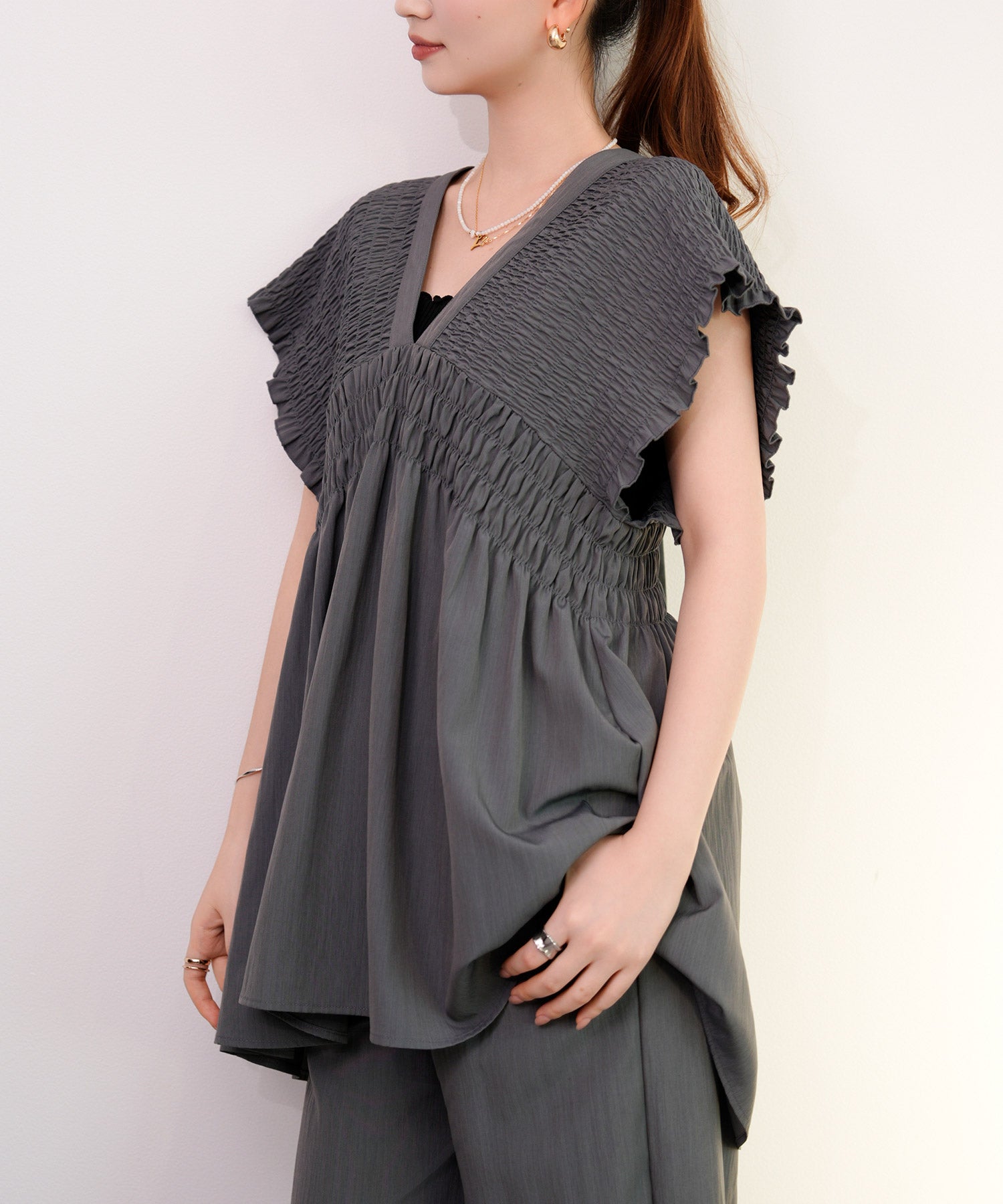 楊柳素材が涼しげなセットアップdsrb4517 グレー