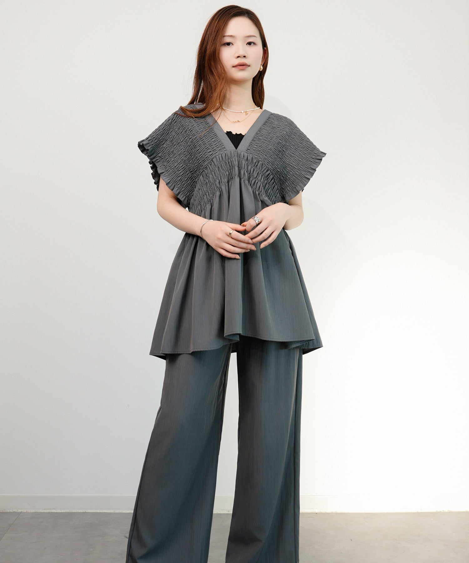 楊柳素材が涼しげなセットアップdsrb4517 グレー