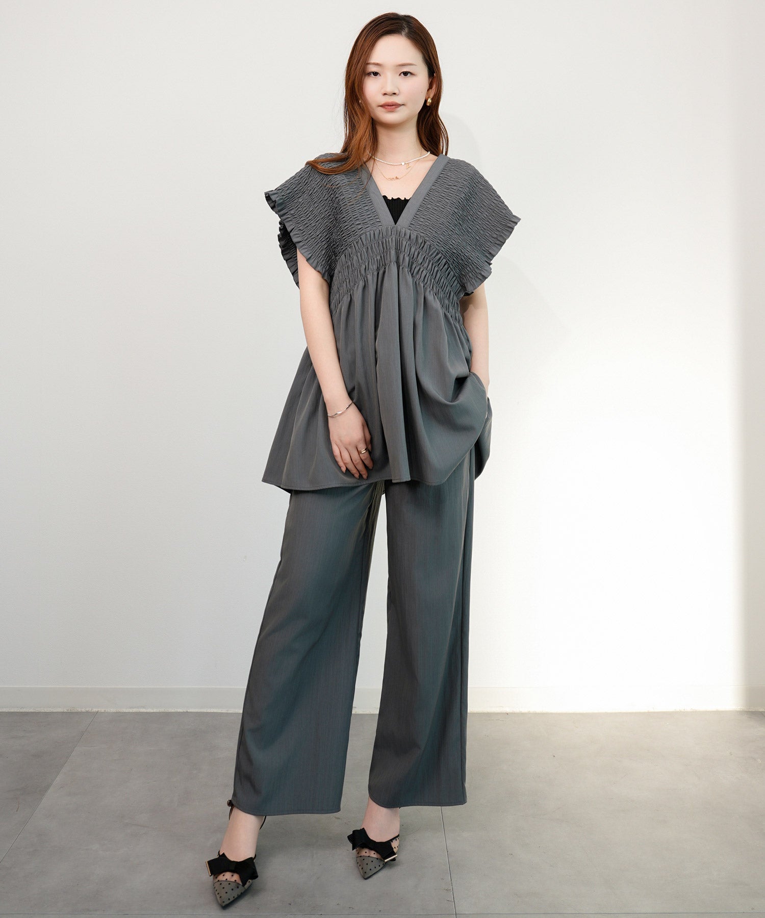 楊柳素材が涼しげなセットアップdsrb4517 グレー