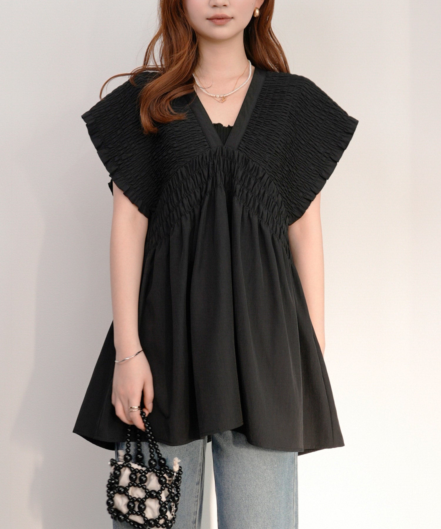 楊柳素材が涼しげなセットアップdsrb4517 ブラック