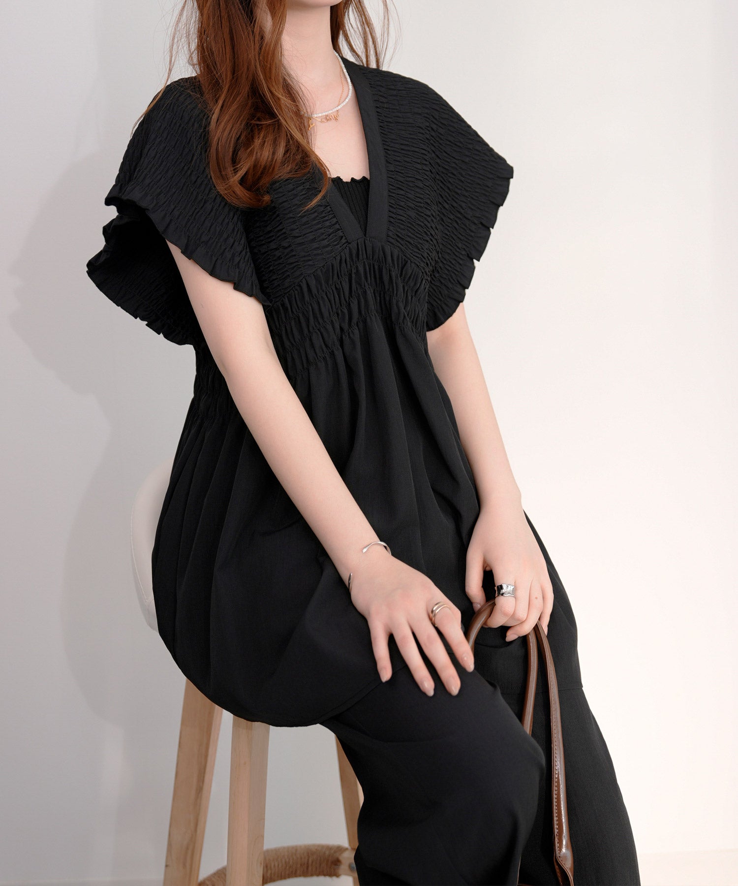 楊柳素材が涼しげなセットアップdsrb4517 ブラック