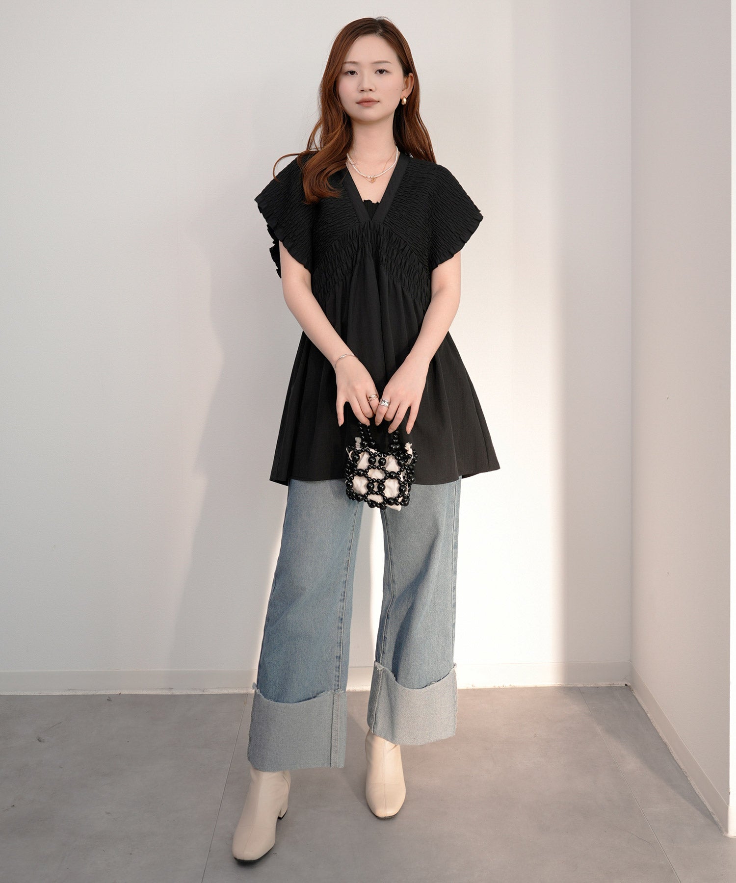 楊柳素材が涼しげなセットアップdsrb4517 ブラック