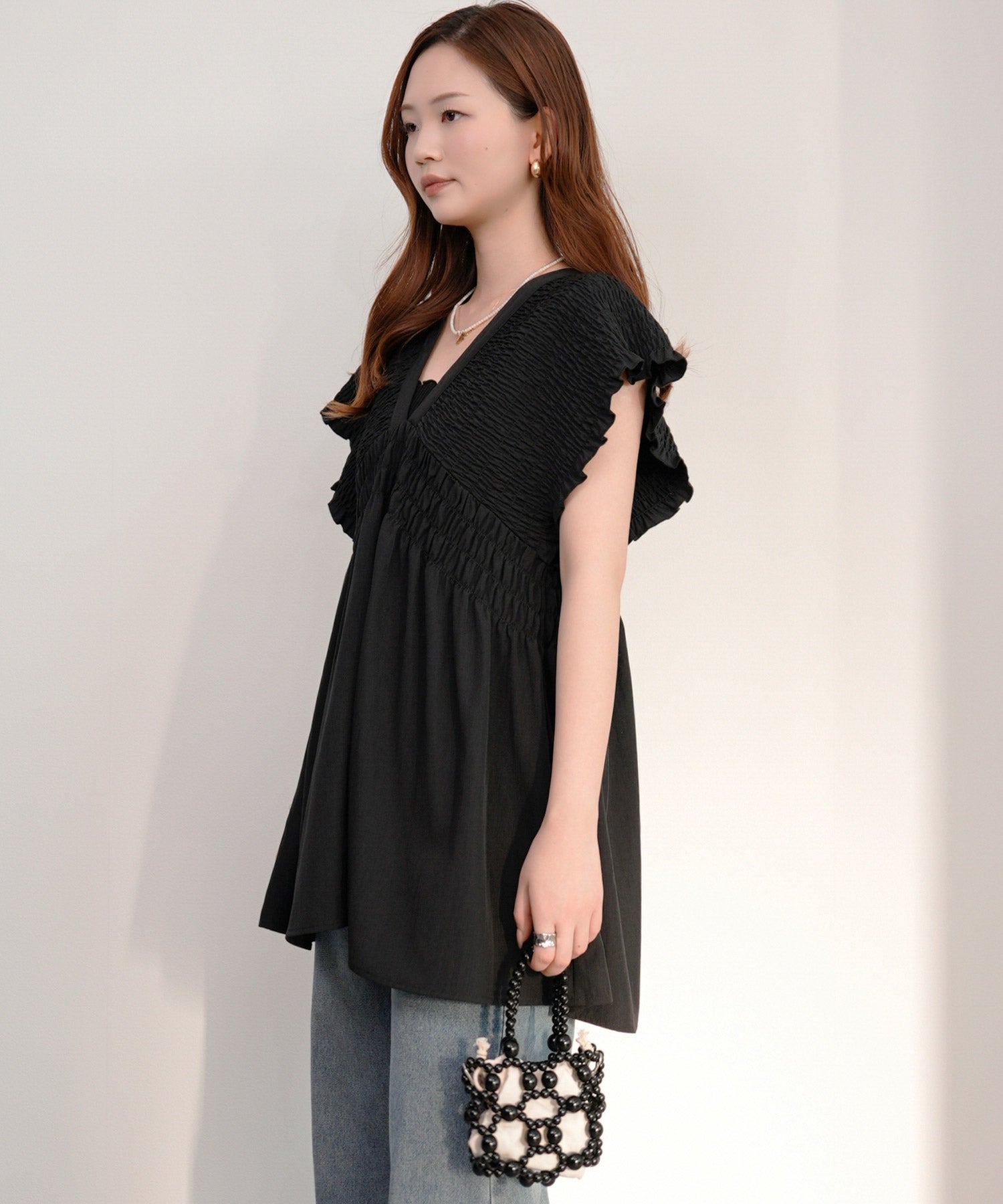 楊柳素材が涼しげなセットアップdsrb4517 ブラック