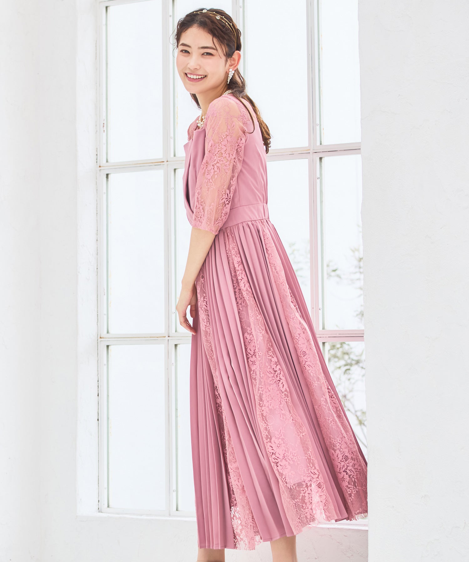 ワンピース ドレス レース袖 ミモレ丈 結婚式 披露宴 食事会dsz0043