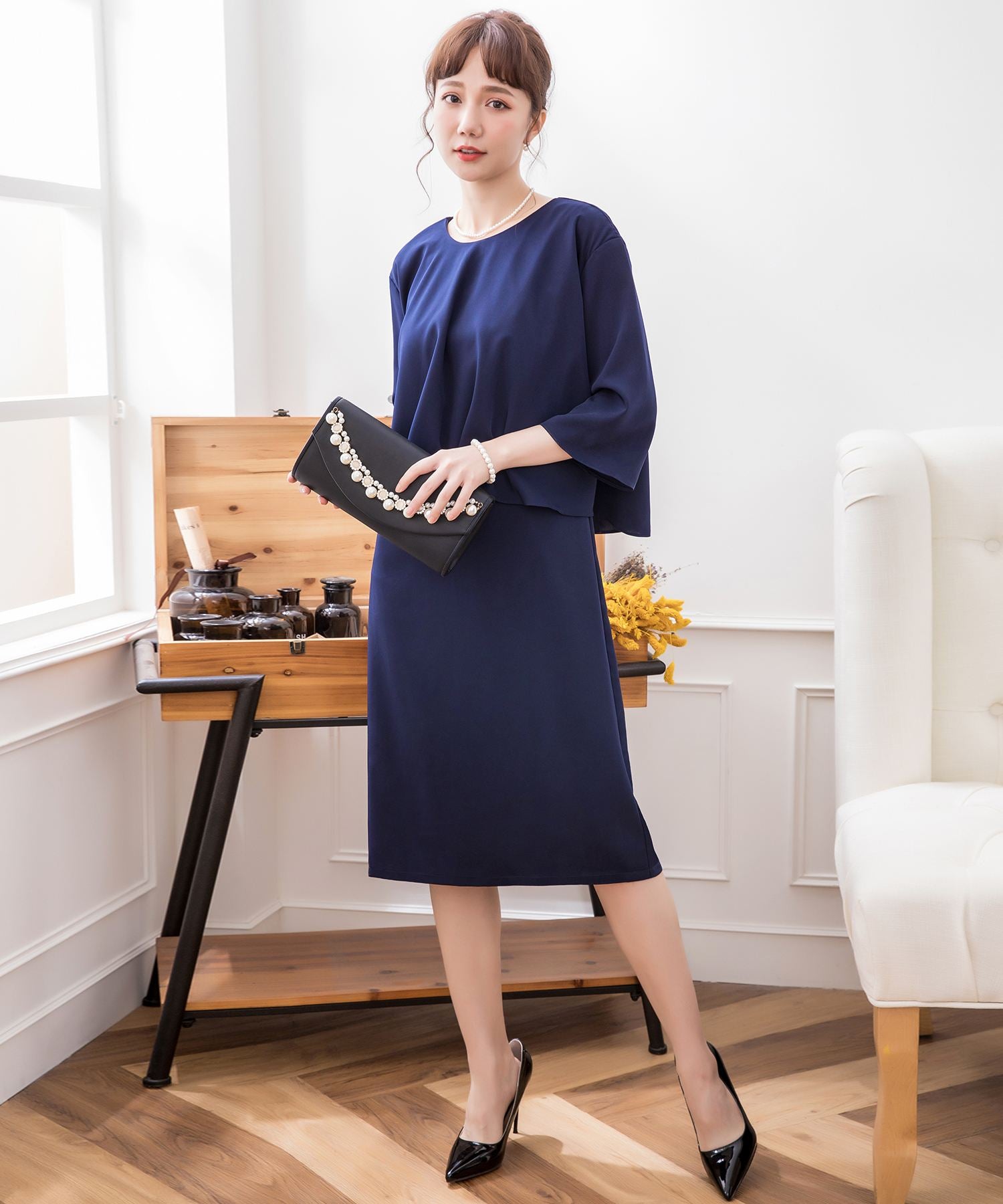 シンプルデザイン3点セットアップドレス・結婚式ワンピース・お呼ばれパーティードレスcy88132-s-navy
