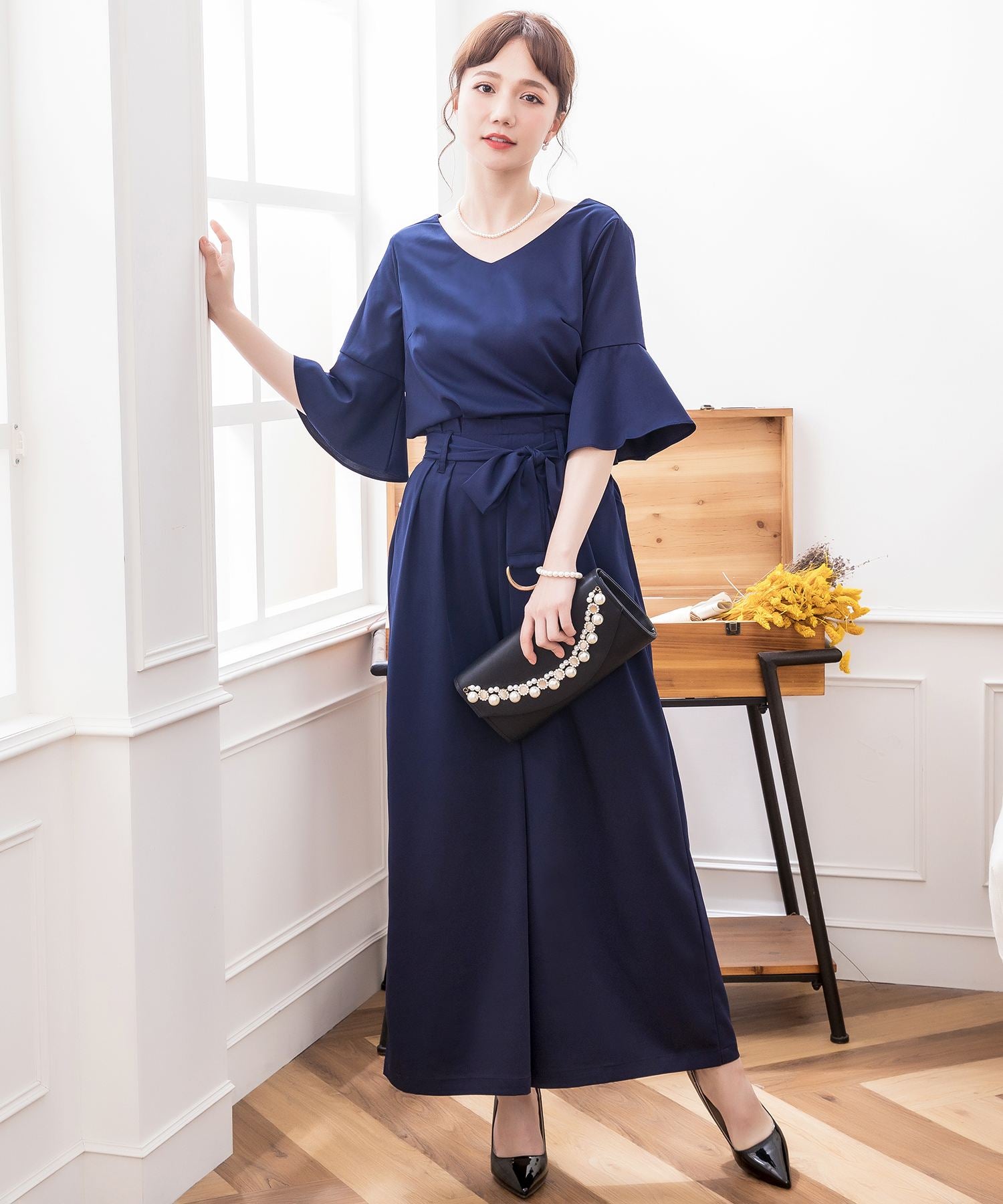 ワイドパンツセットアップドレス・結婚式ワンピース・お呼ばれパーティードレスcy88135-s-navy