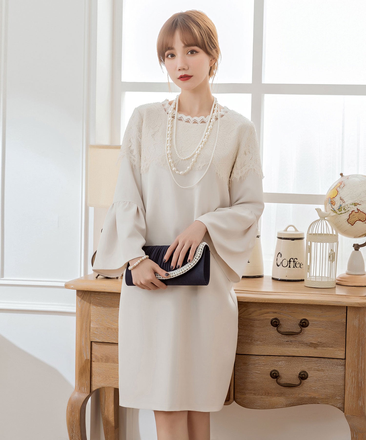 胸元レースデザインパーティードレス・結婚式ワンピースcy88166-s-ivory
