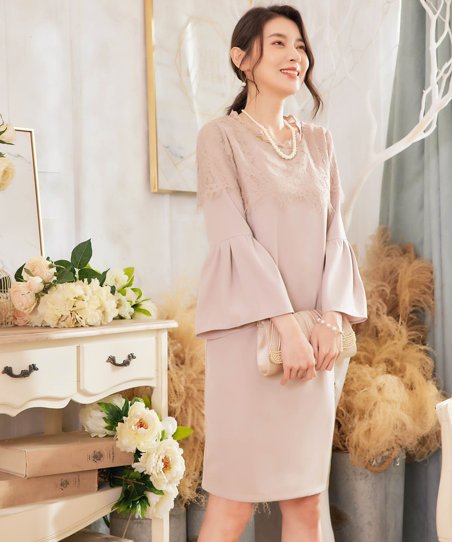 胸元レースデザインパーティードレス・結婚式ワンピースcy88166-s-pinkbeige